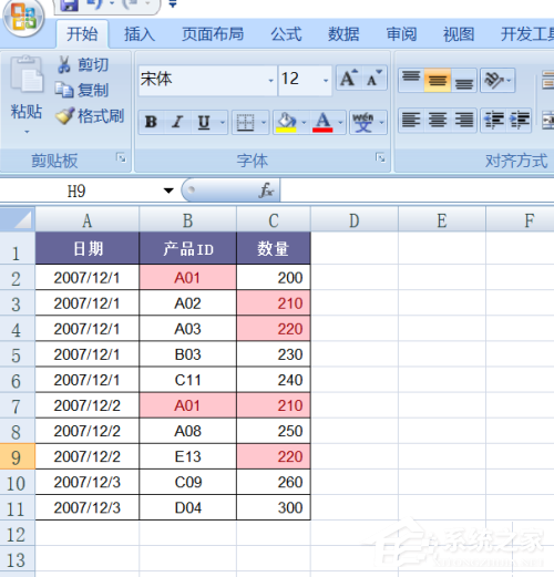 excel设置突出显示重复出现的数值的方