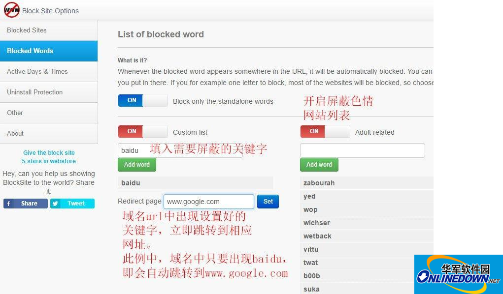 Block site屏蔽指定网址并设置自动跳转浏览器插件截图