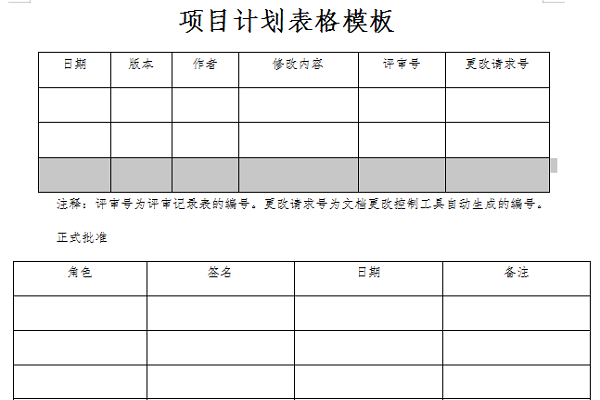 项目计划表格模板截图