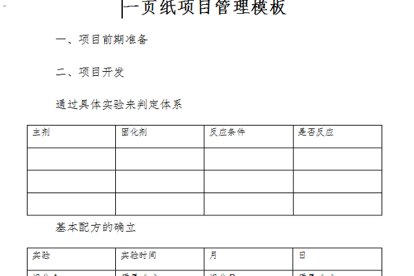 一页纸项目管理模板截图