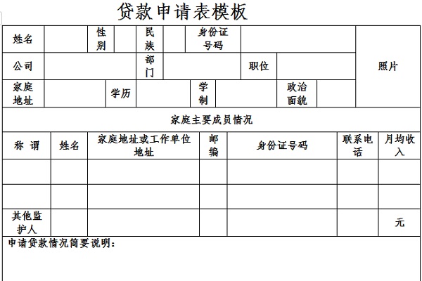 贷款申请表模板截图