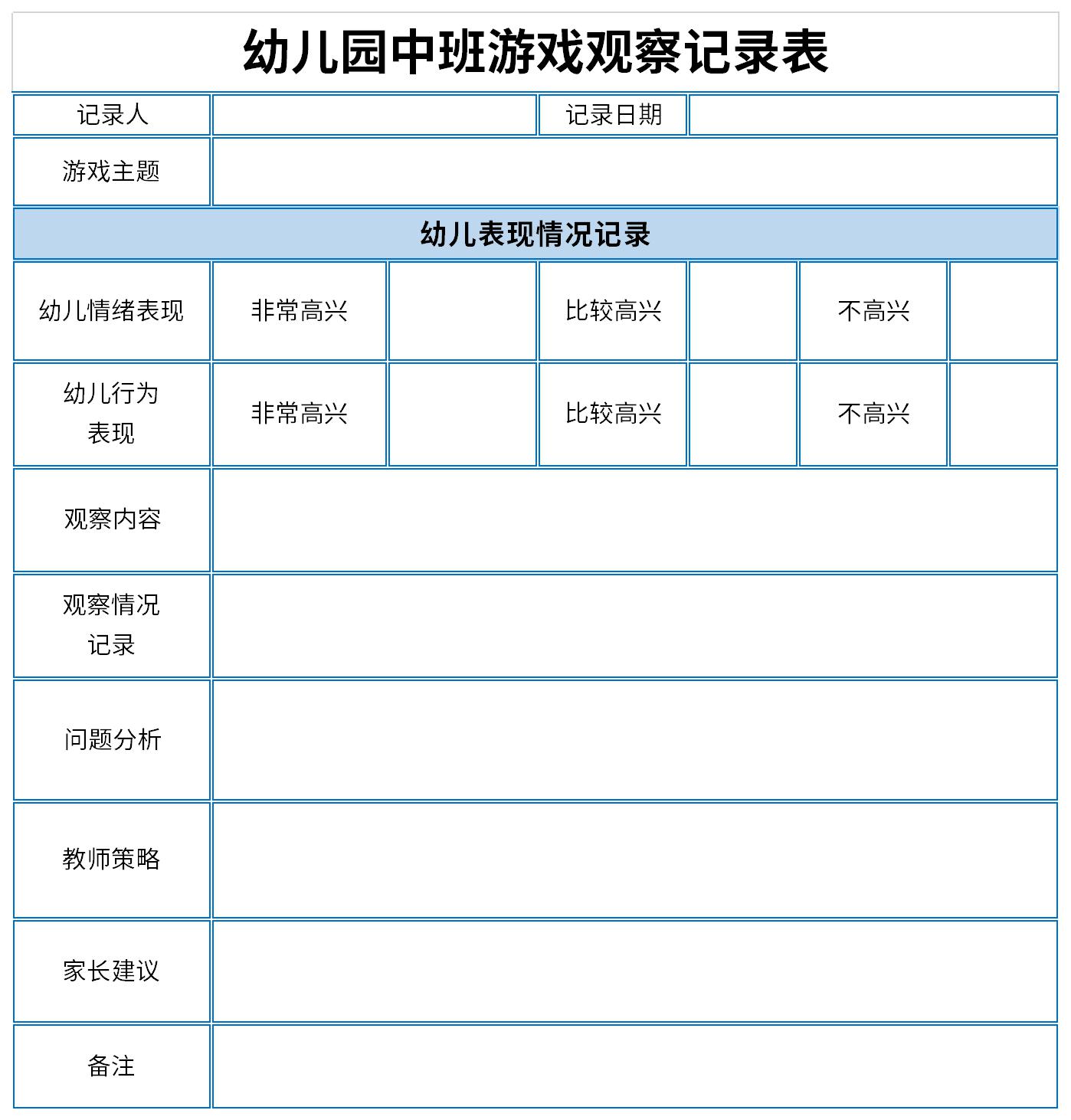 幼儿园中班游戏观察记录表截图