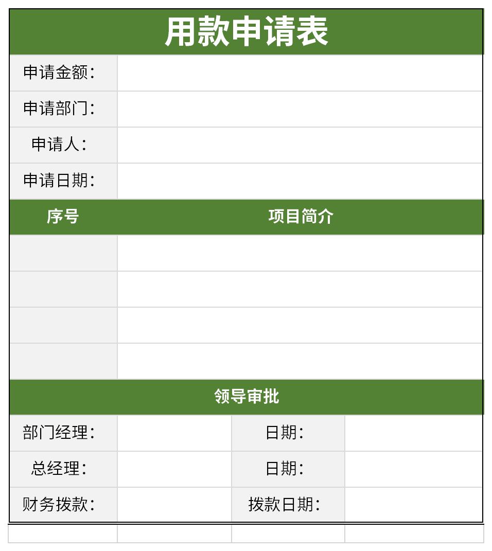 项目用款申请表截图