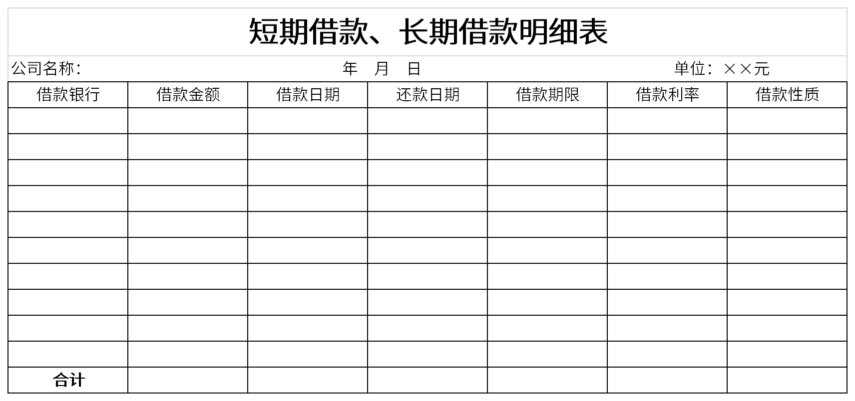 短期借款、长期借款明细表截图