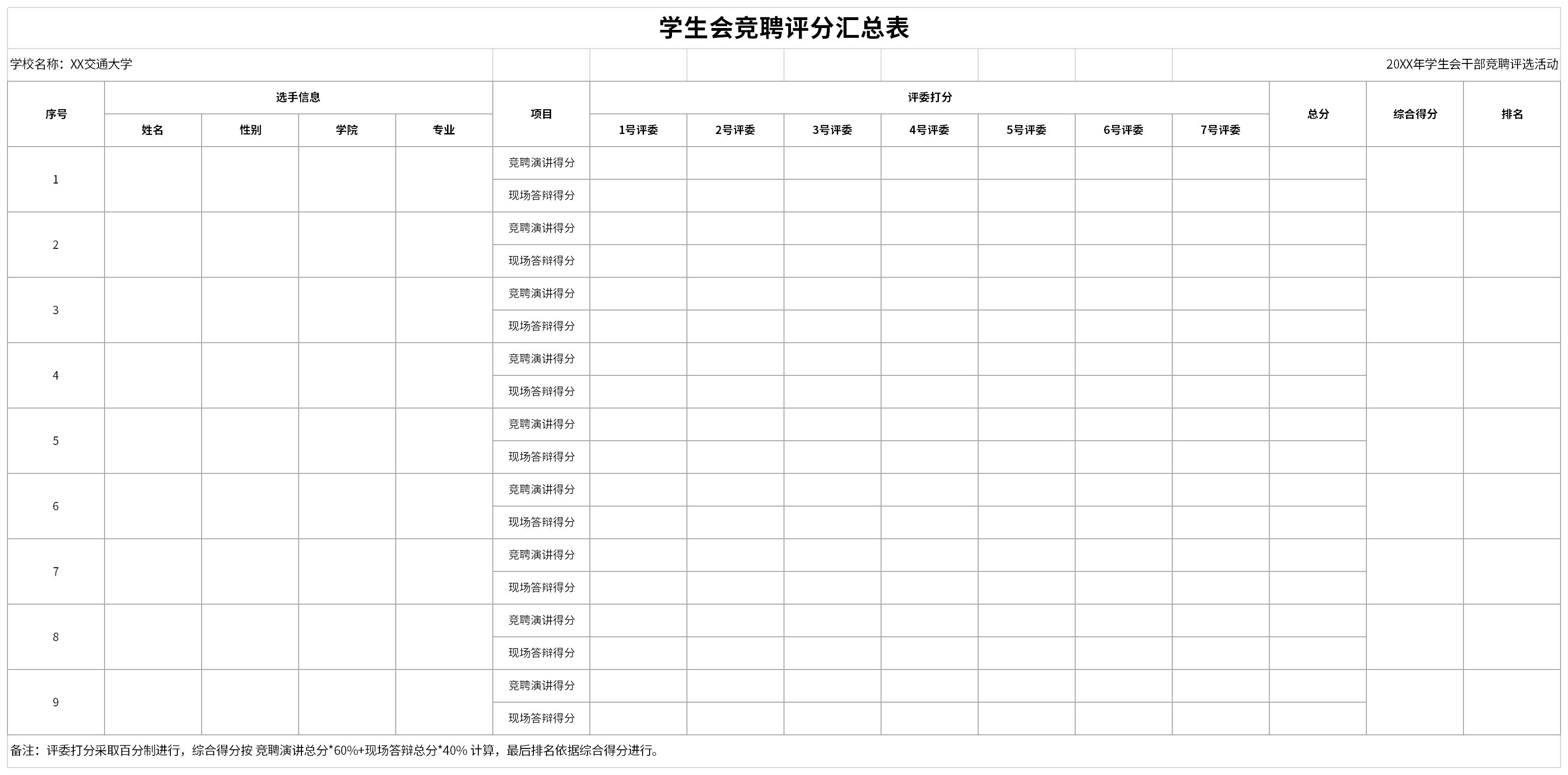 学生会竞聘评分汇总表截图