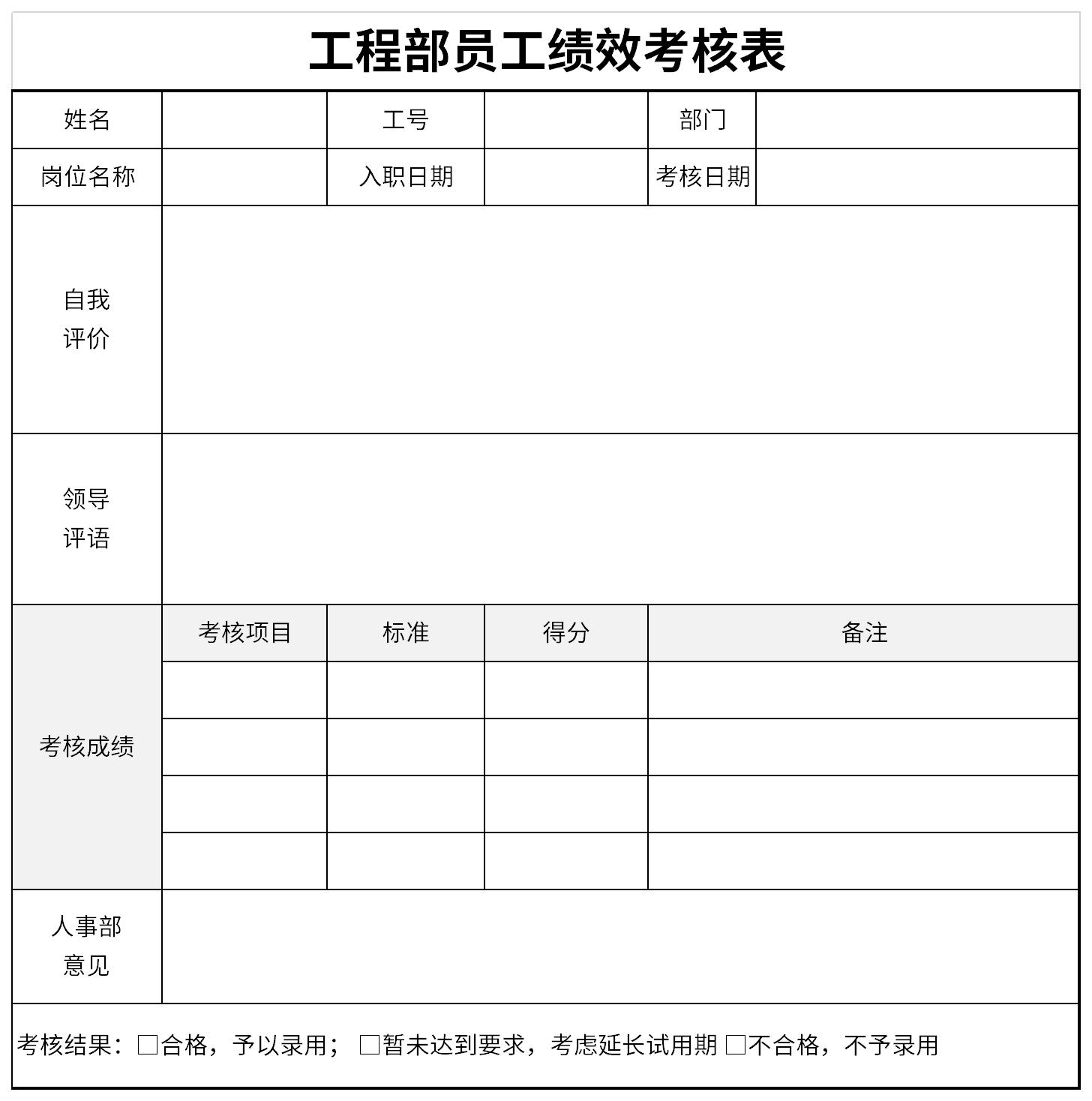 工程部员工绩效考核表截图