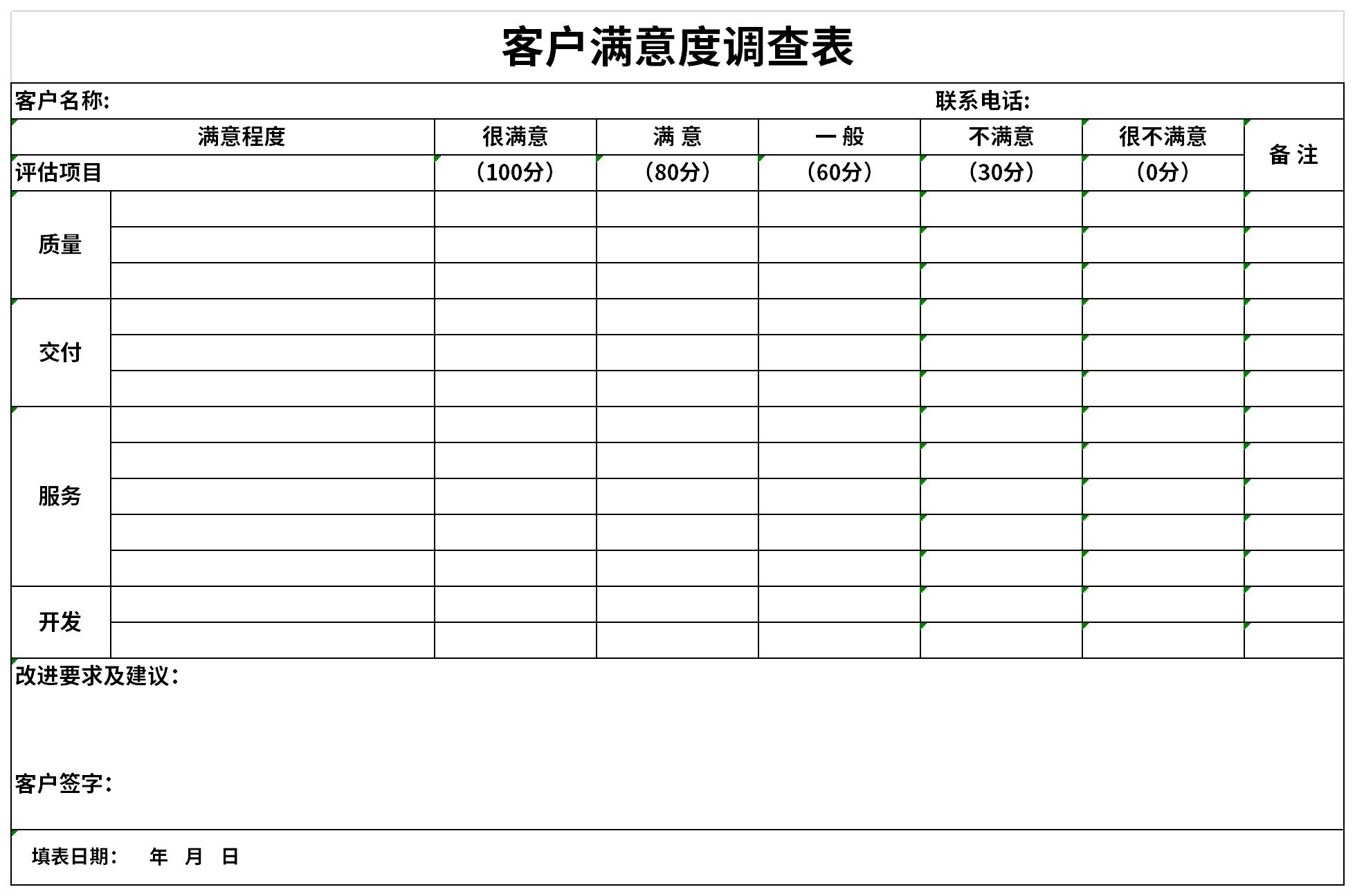 客户服务满意度调查表范本截图