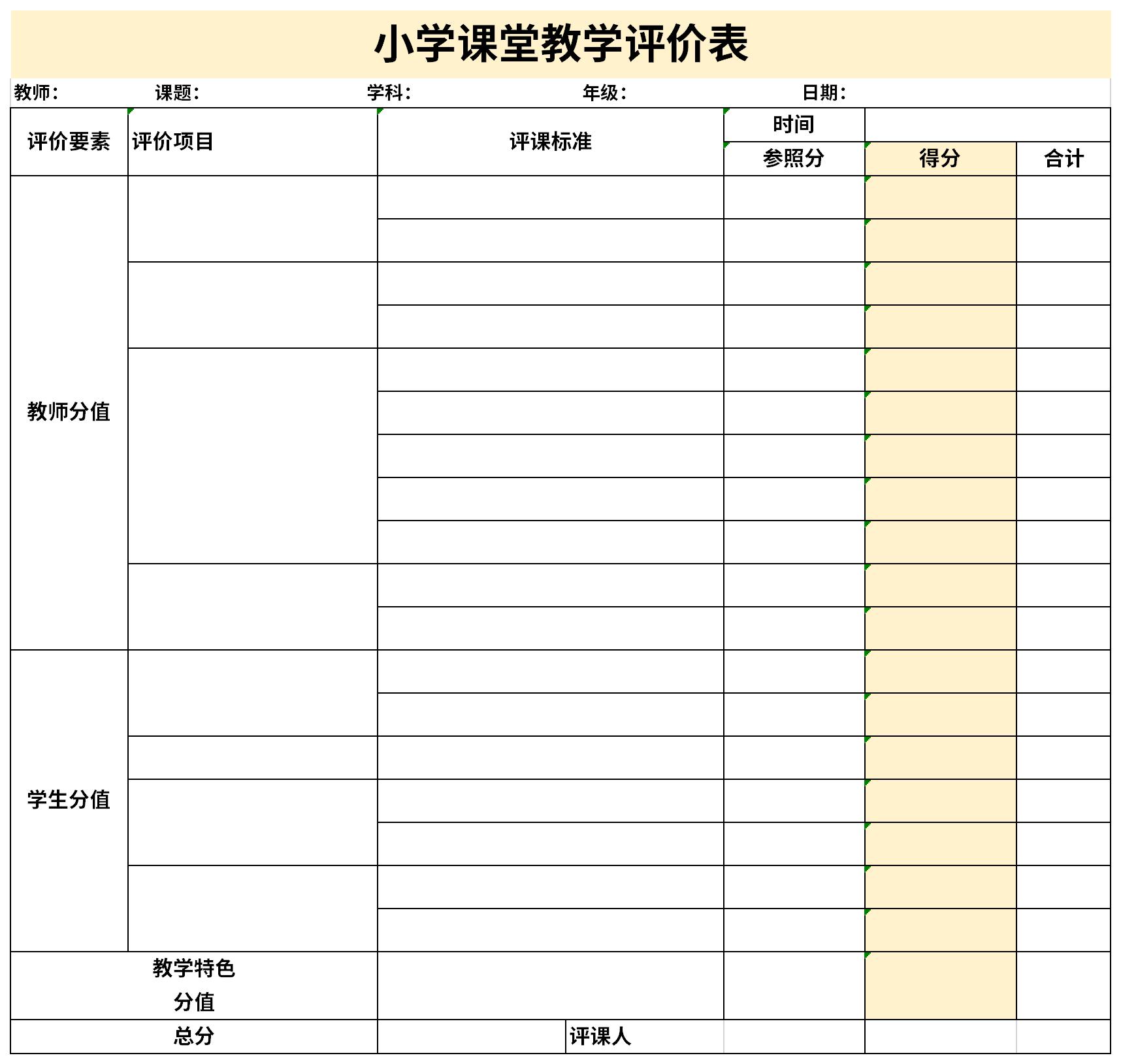 小学课堂教学评价表截图