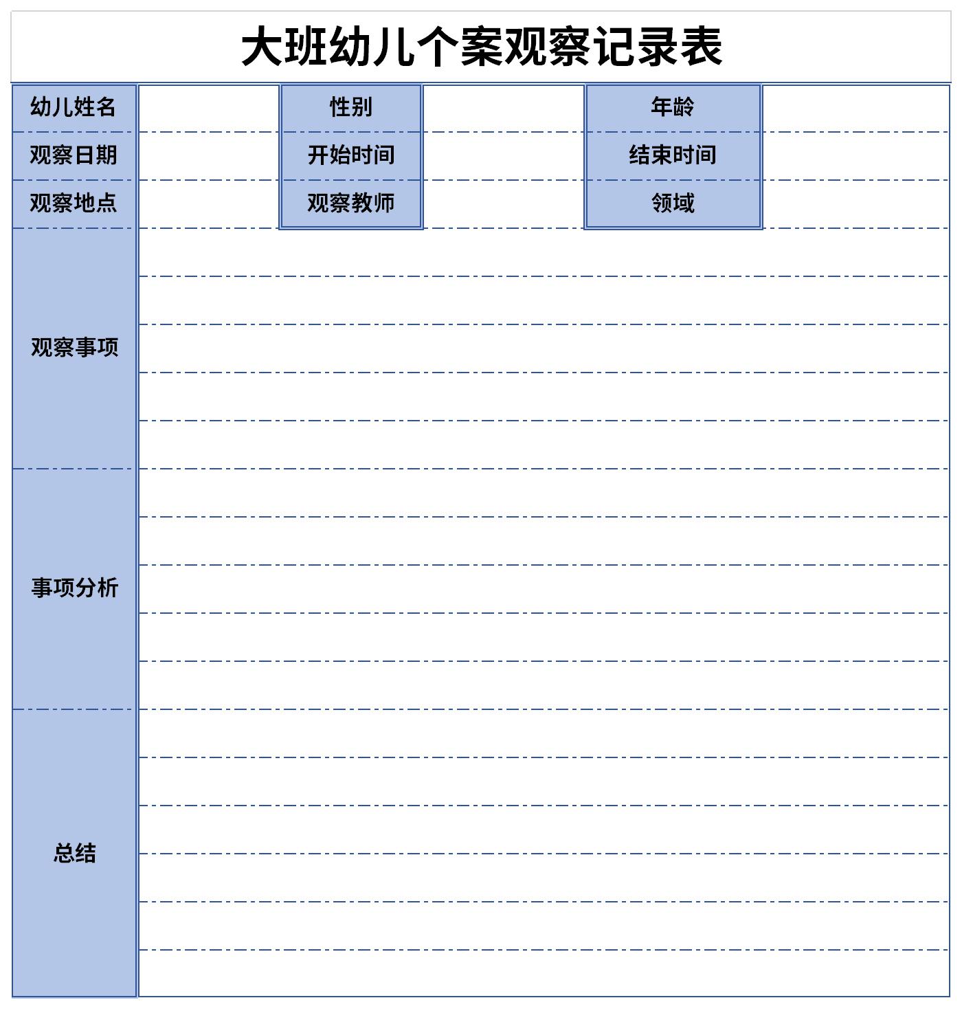 大班幼儿个案观察记录表截图