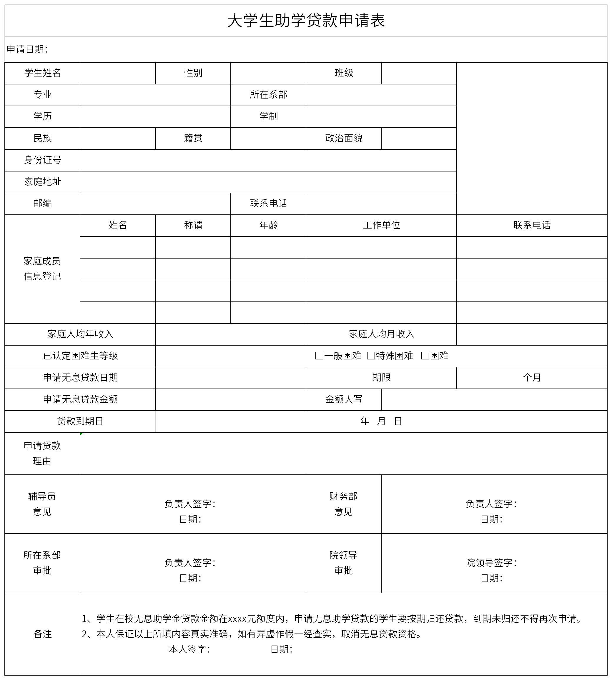 大学生助学贷款申请表截图