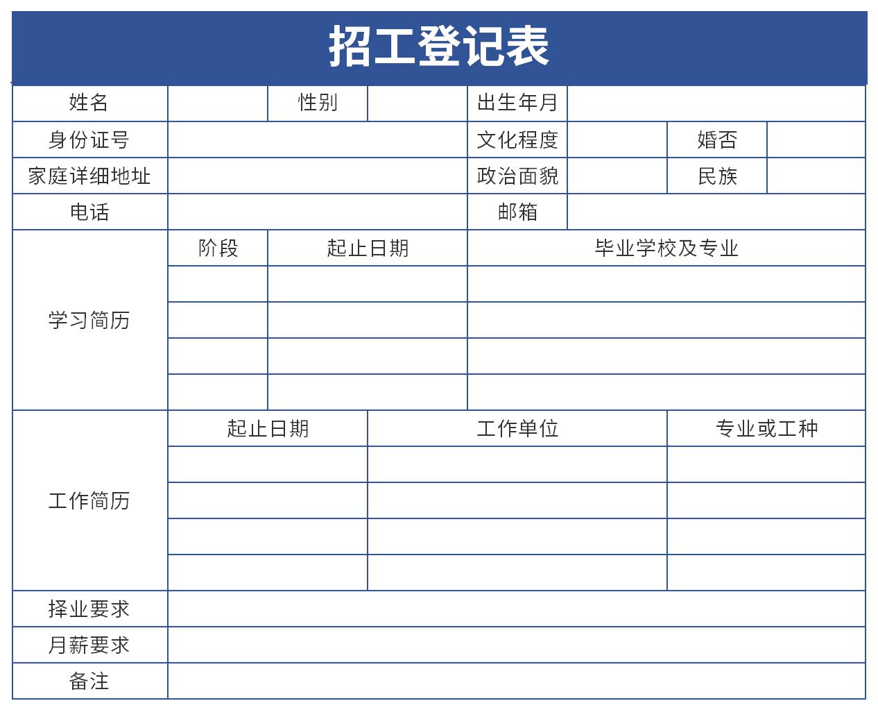 应聘人员登记表模板截图