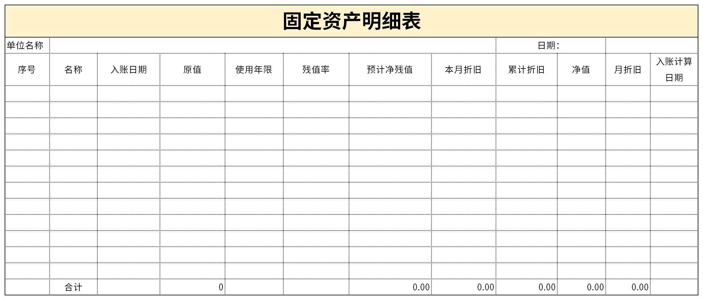 固定资产明细表截图