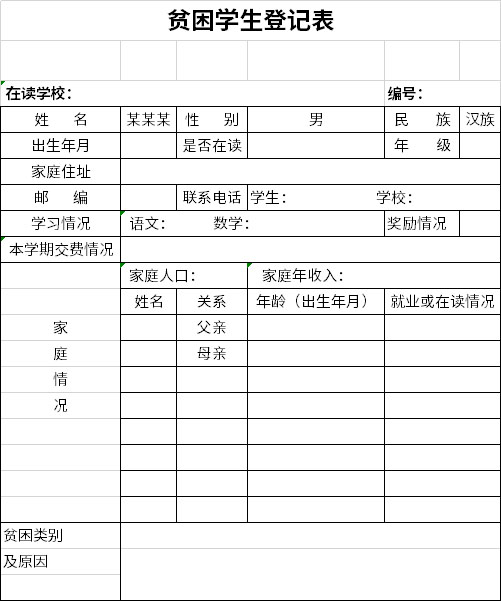 贫困学生登记表截图