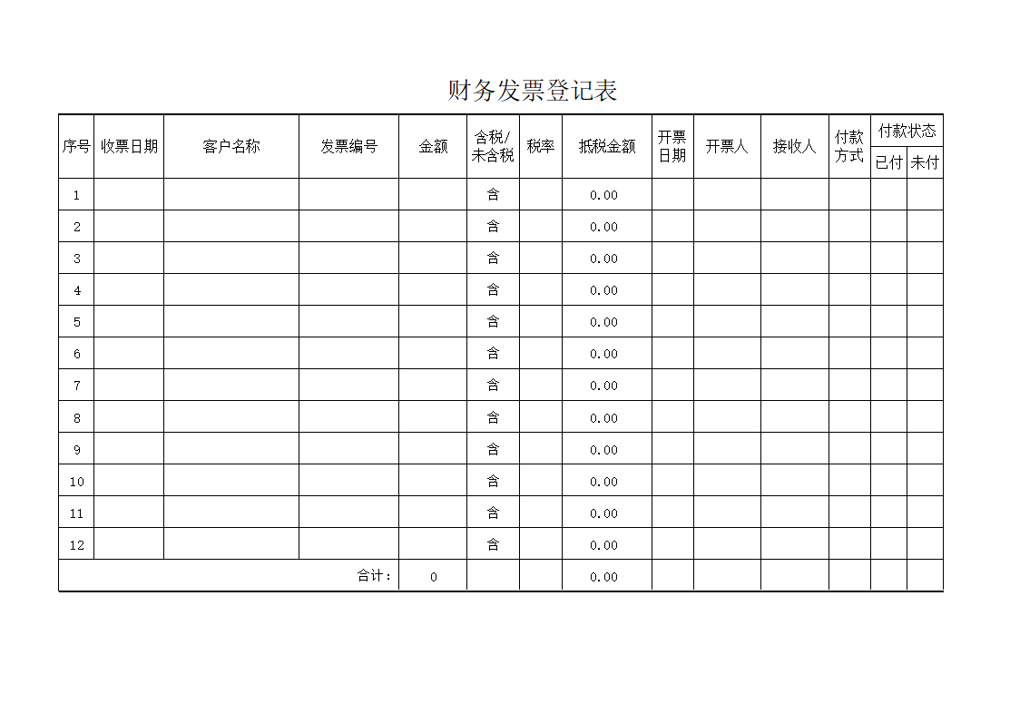 财务发票登记表截图