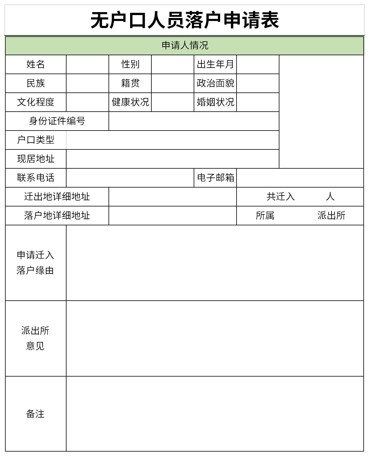 无户口人员落户申请表截图