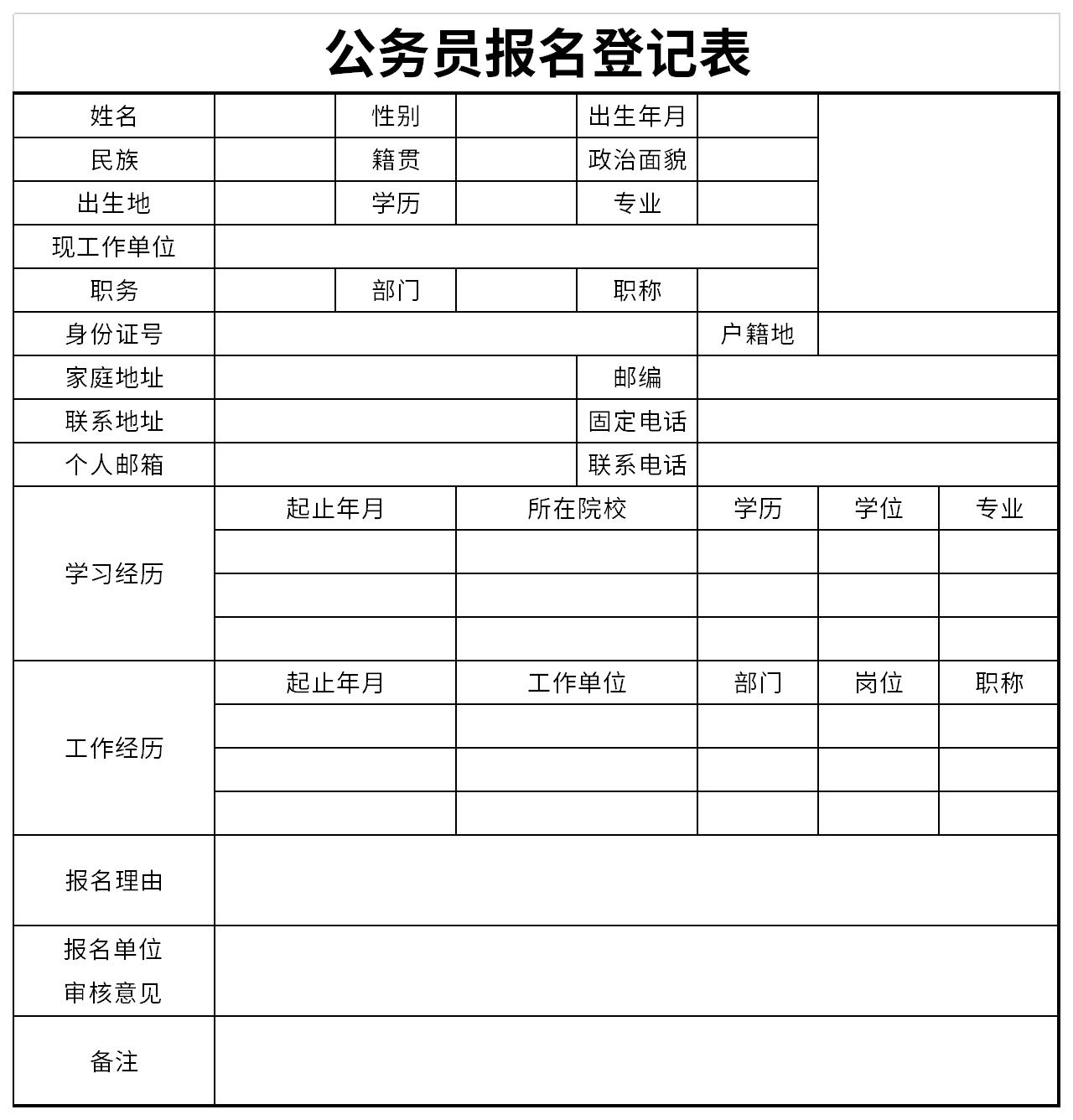 公务员报名登记表截图