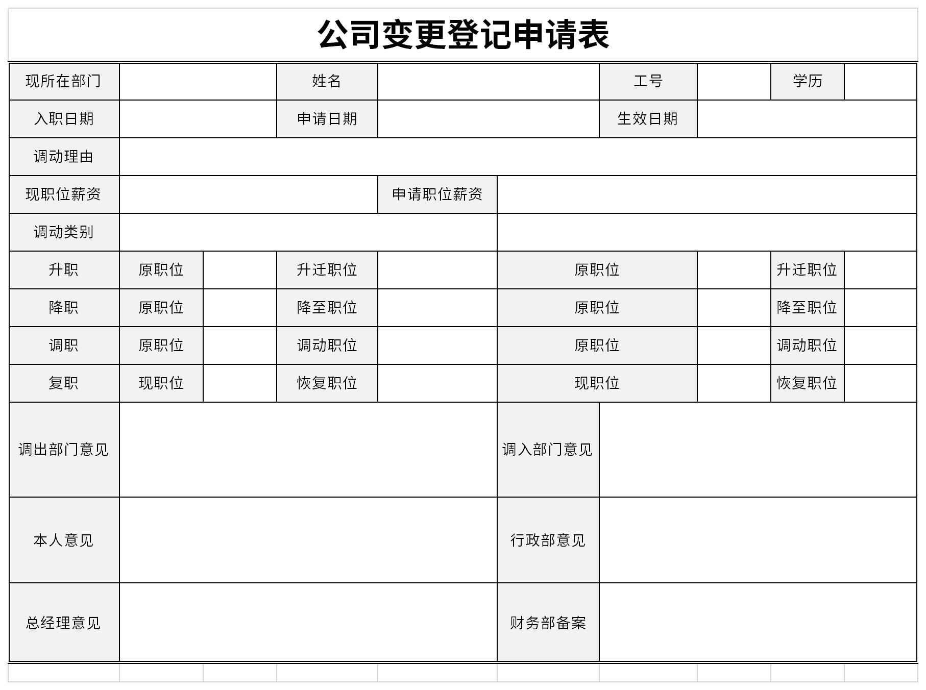 公司变更登记申请表截图