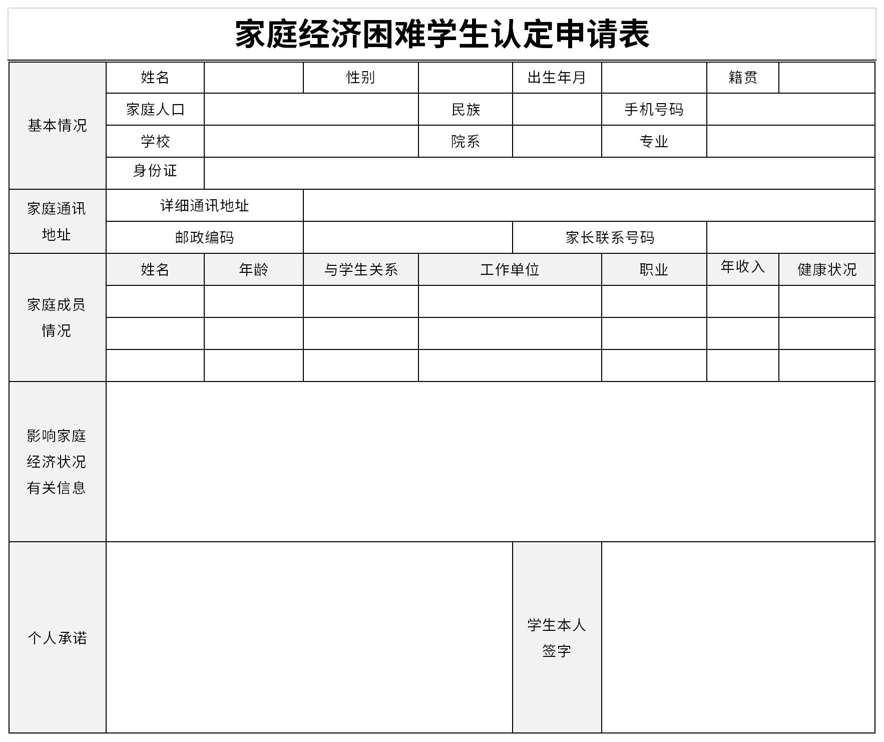 家庭经济困难学生认定申请表截图