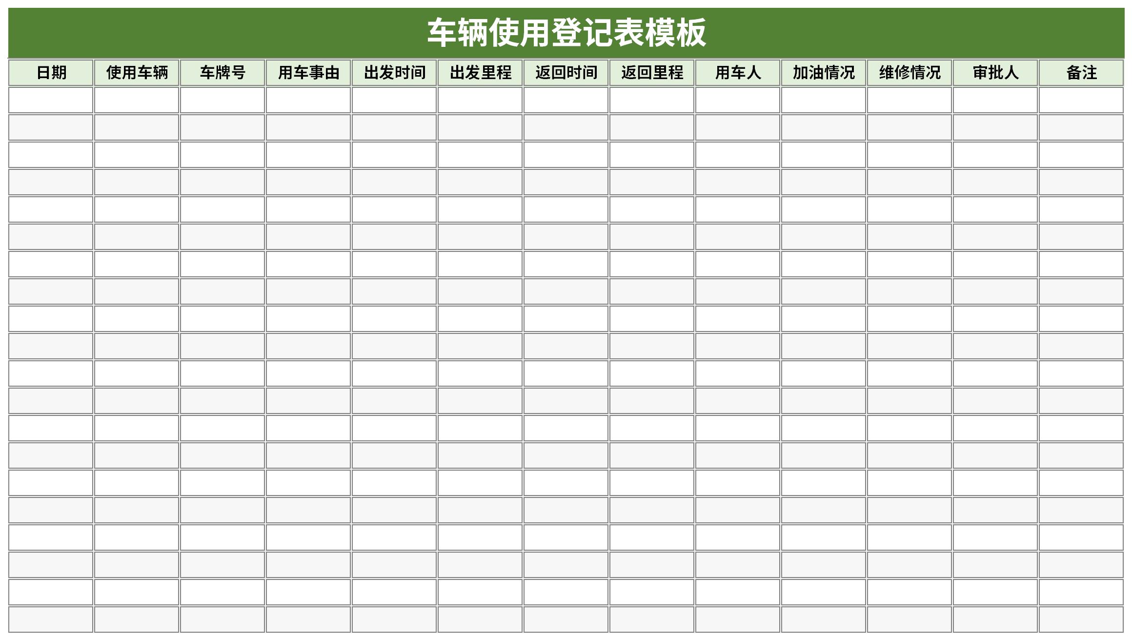 车辆使用登记表模板截图