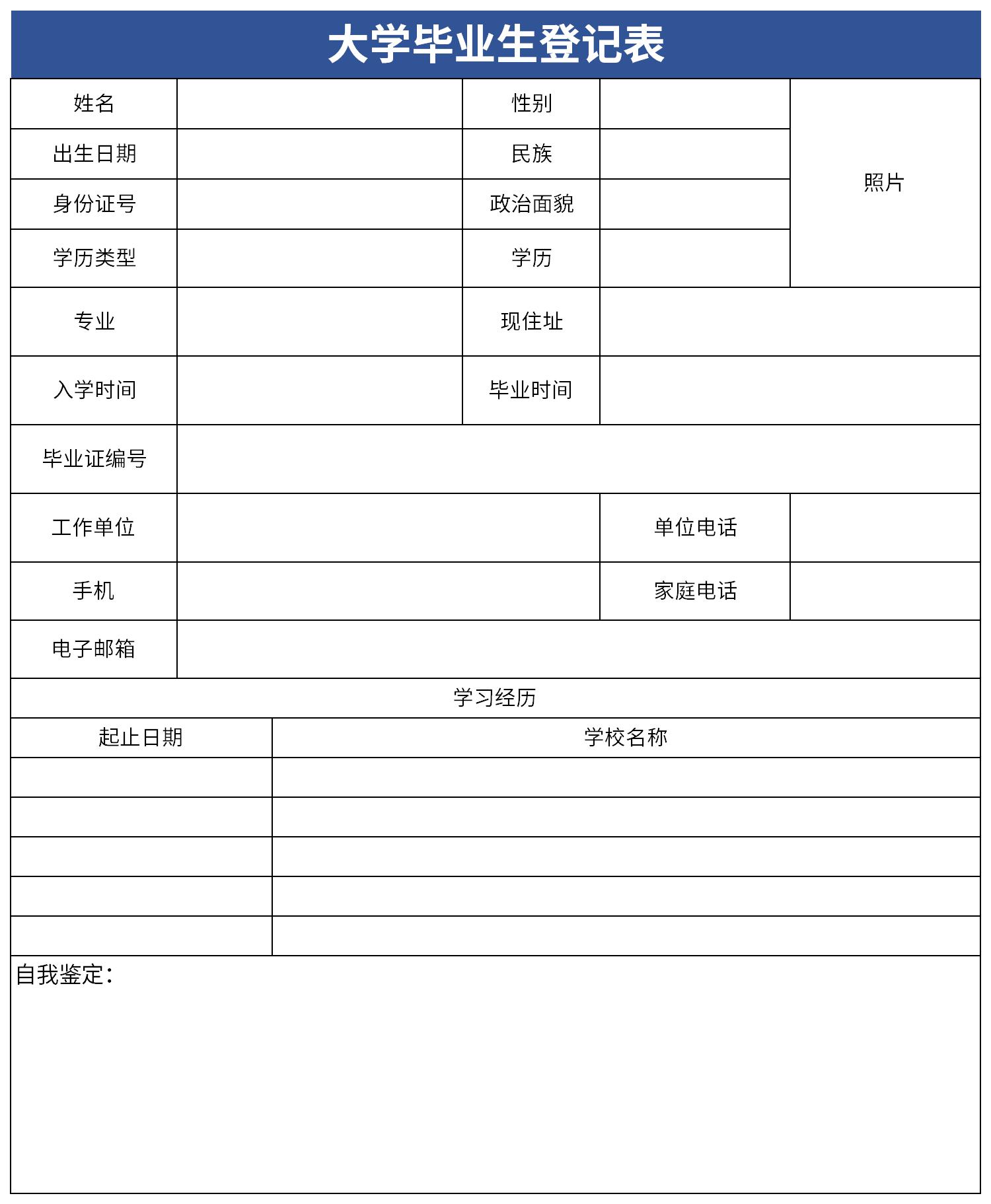 本科毕业生登记表模板截图