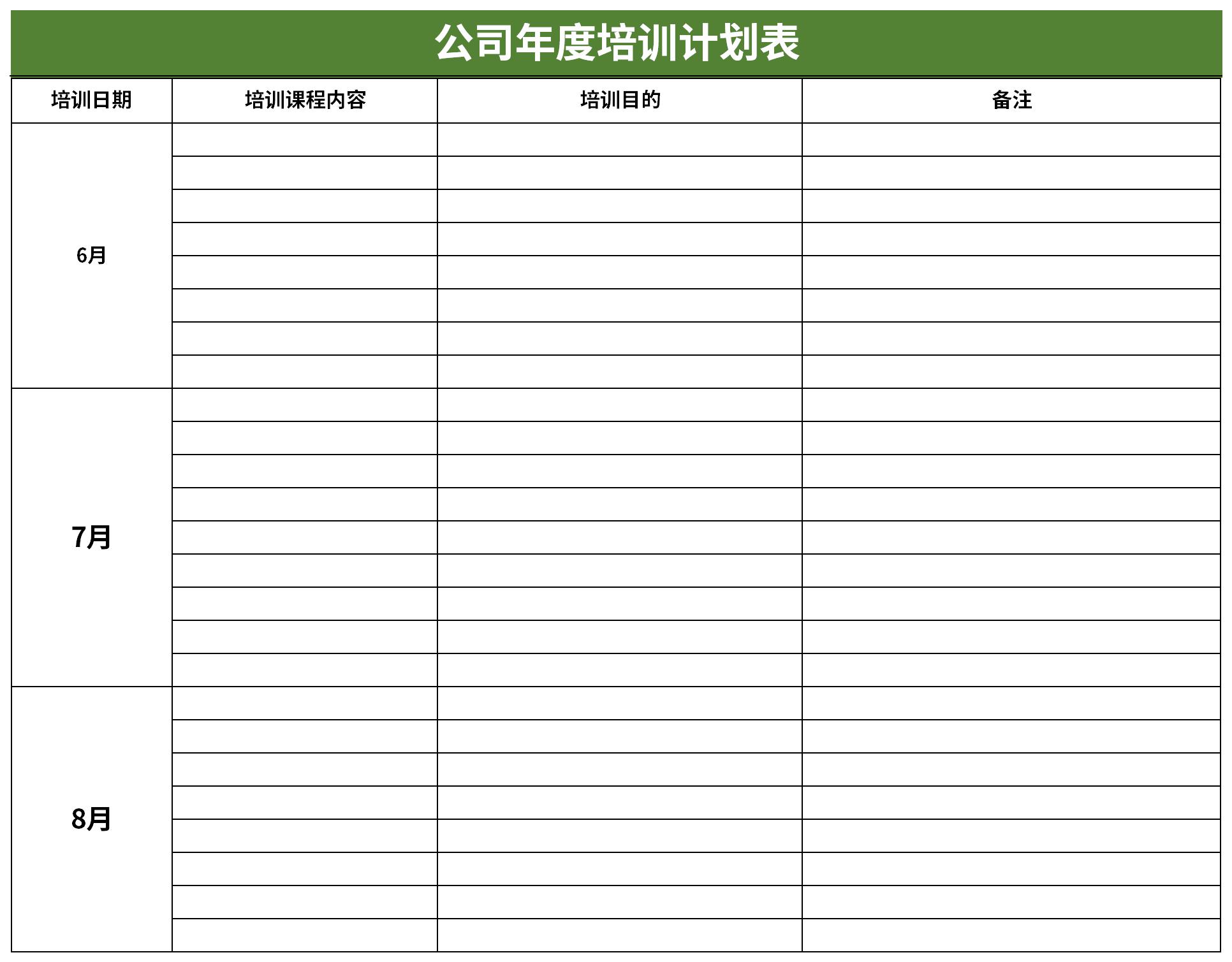 年度培训计划表样板截图