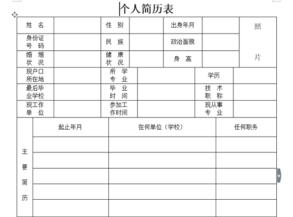 空白个人简历表格截图