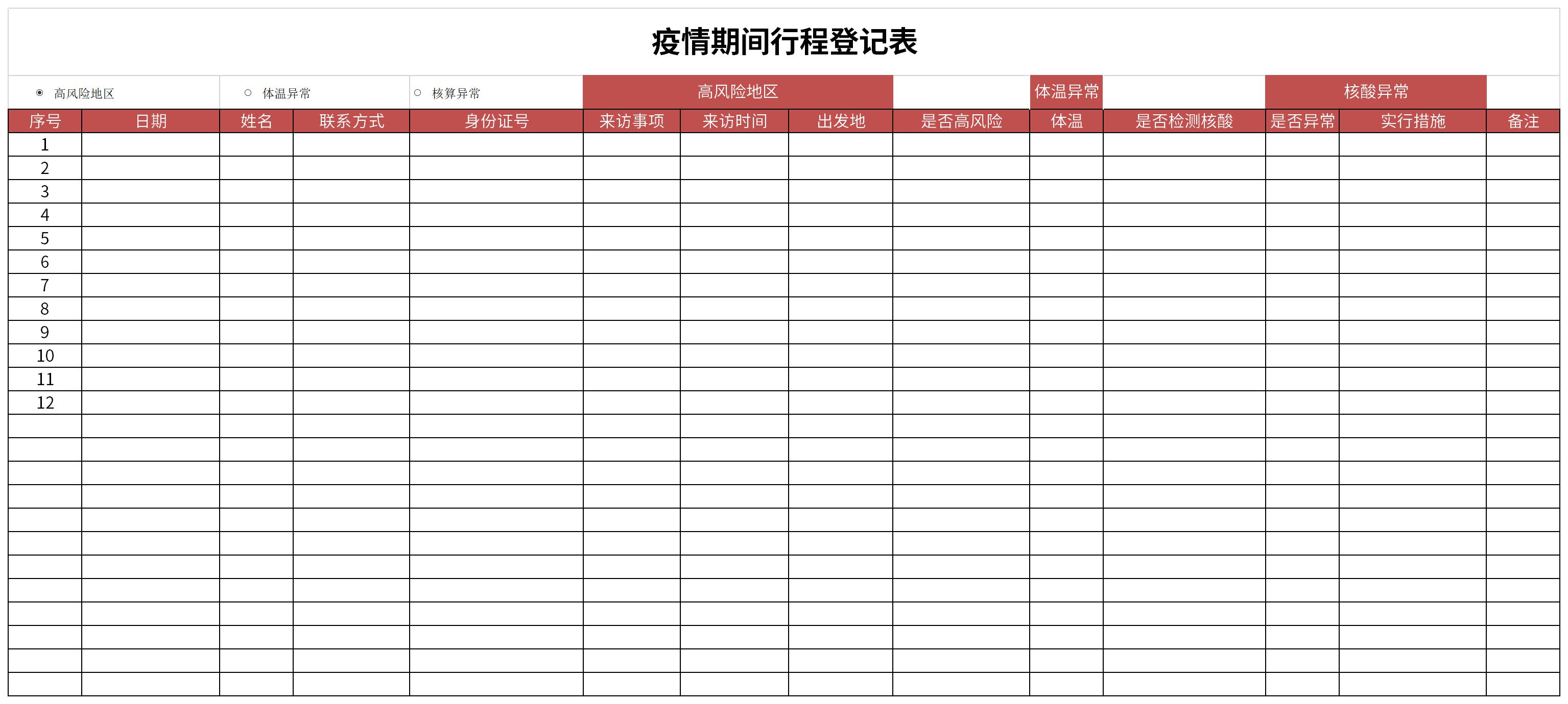 疫情期间行程登记表截图