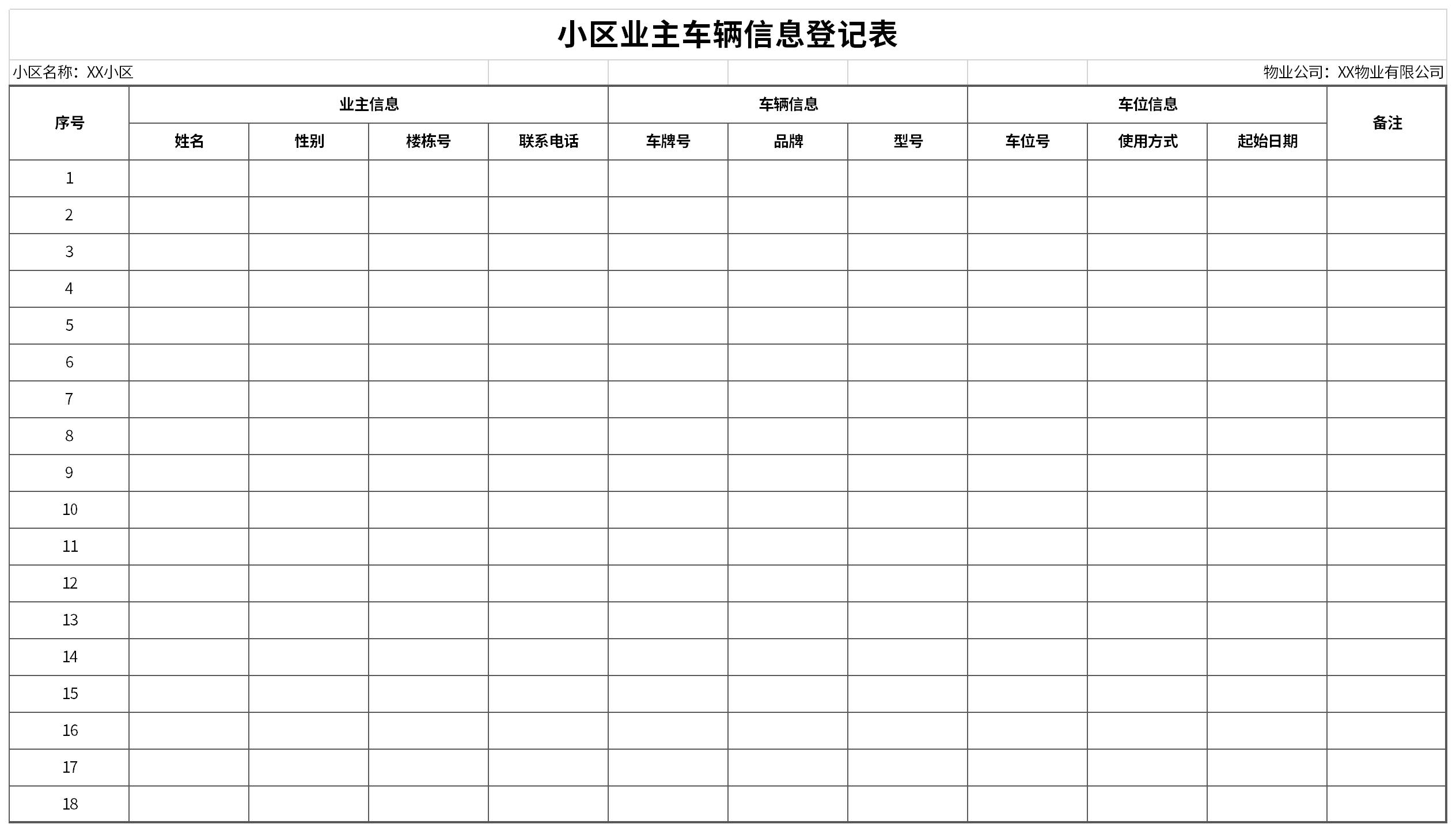 小区业主车辆信息登记表截图