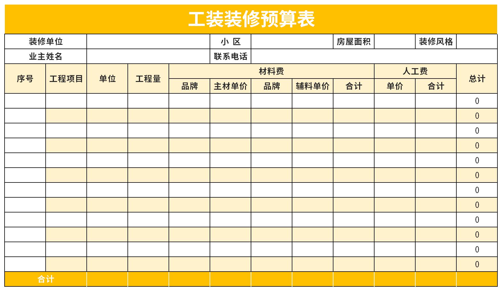 工装装修预算表截图