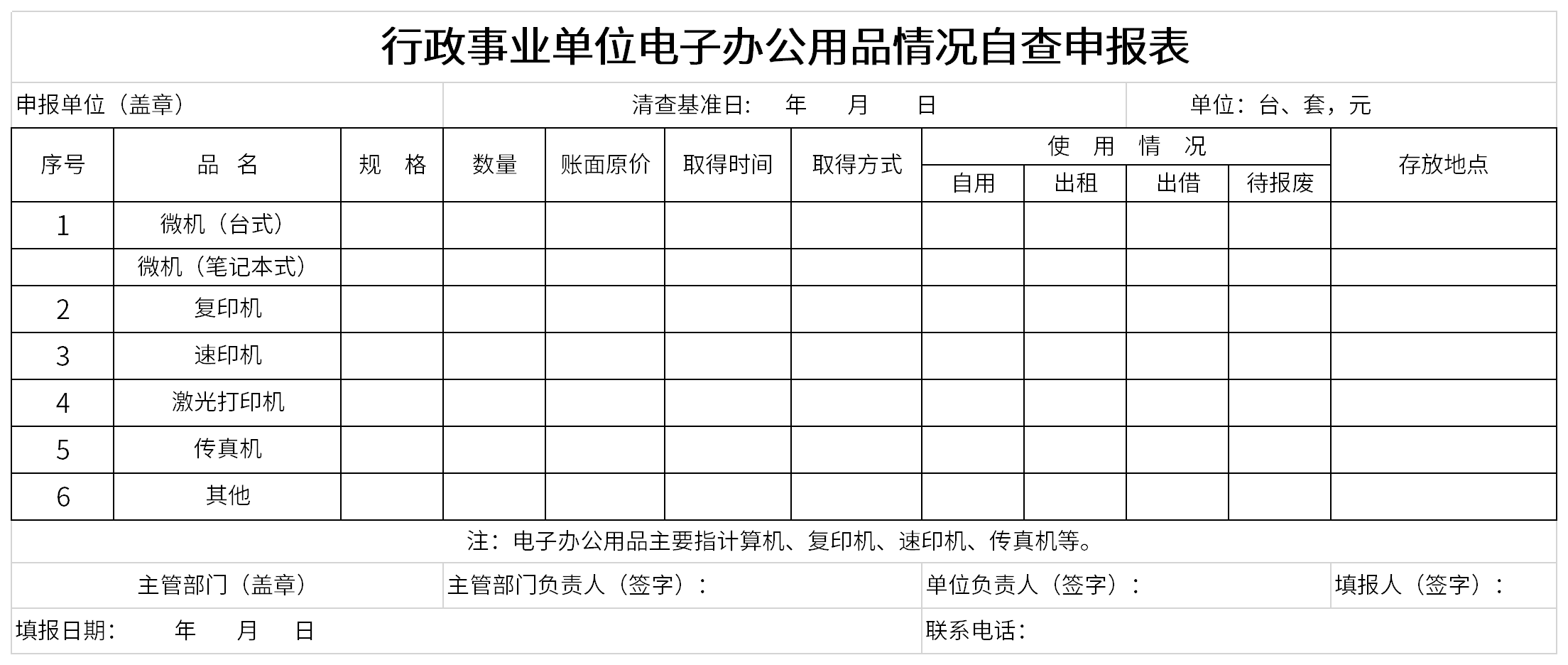 行政事业单位电子办公用品情况自查申报表截图