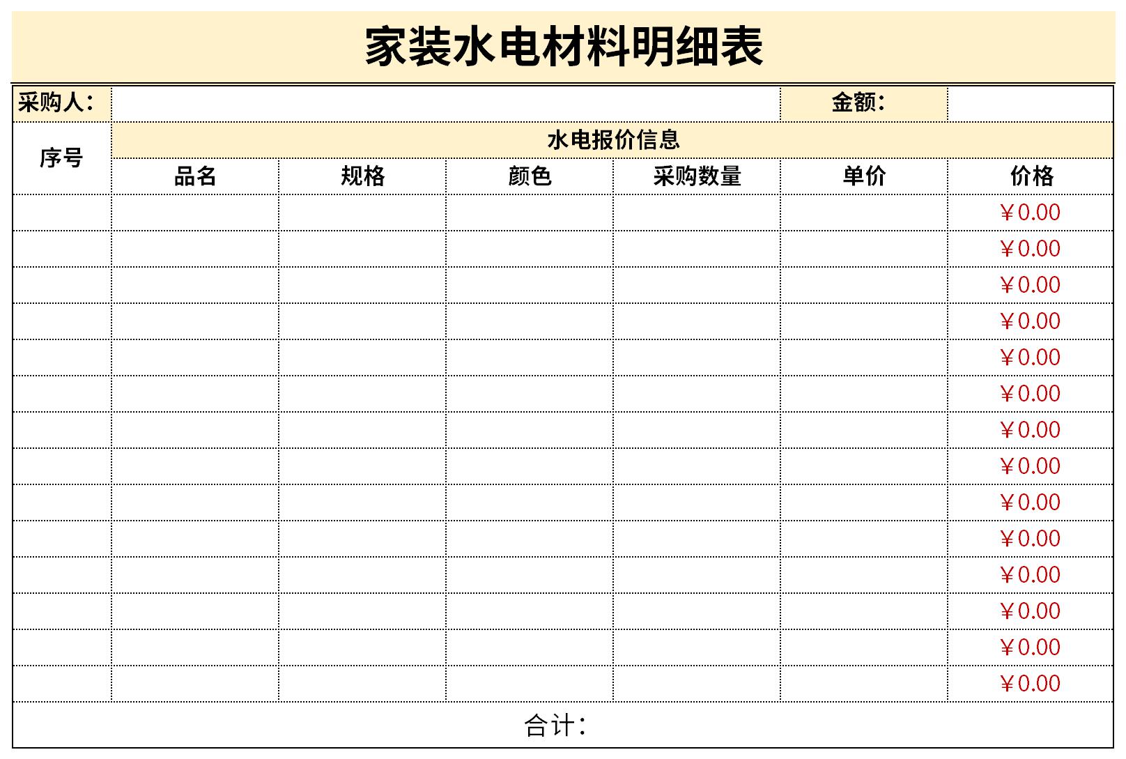 家装水电材料明细表截图