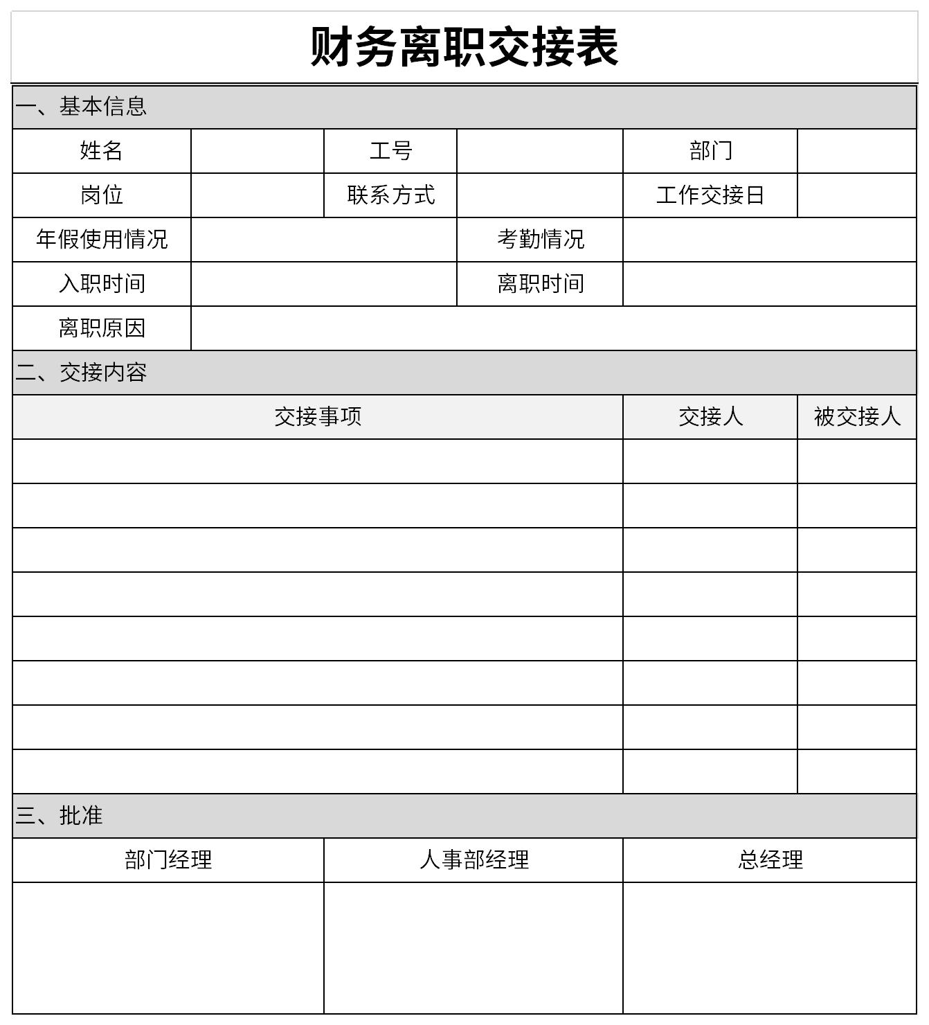 财务离职交接表截图