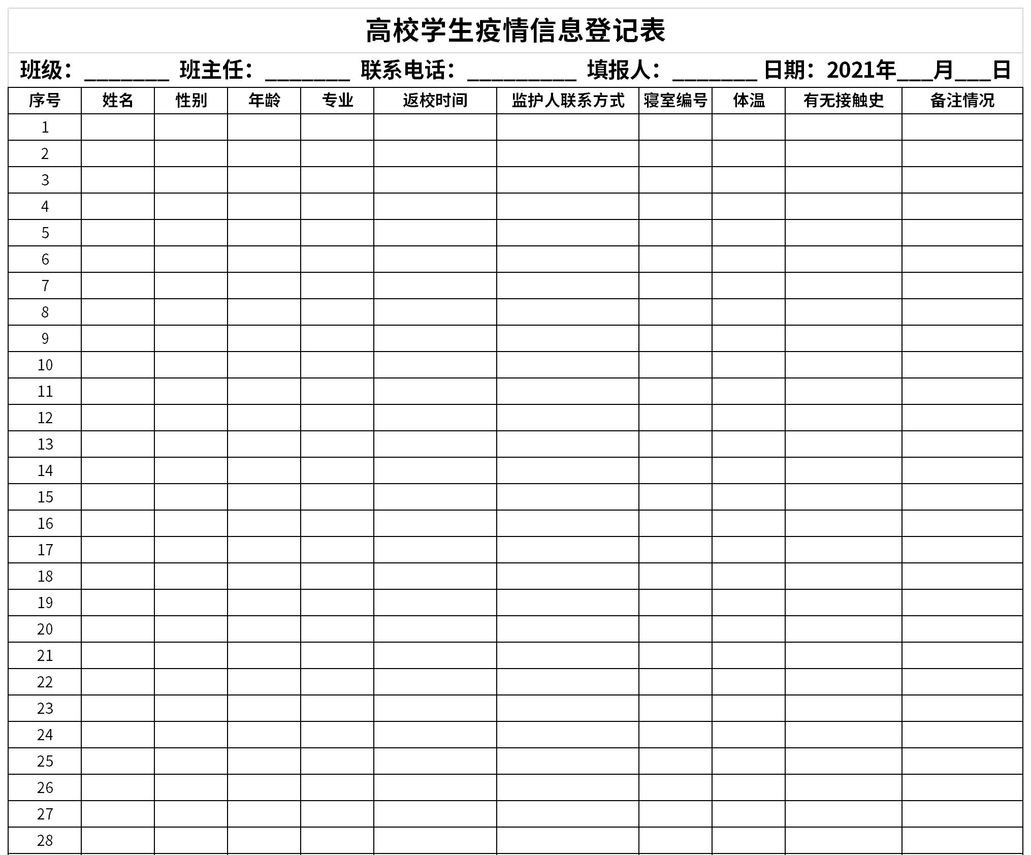 高校学生疫情信息登记表截图