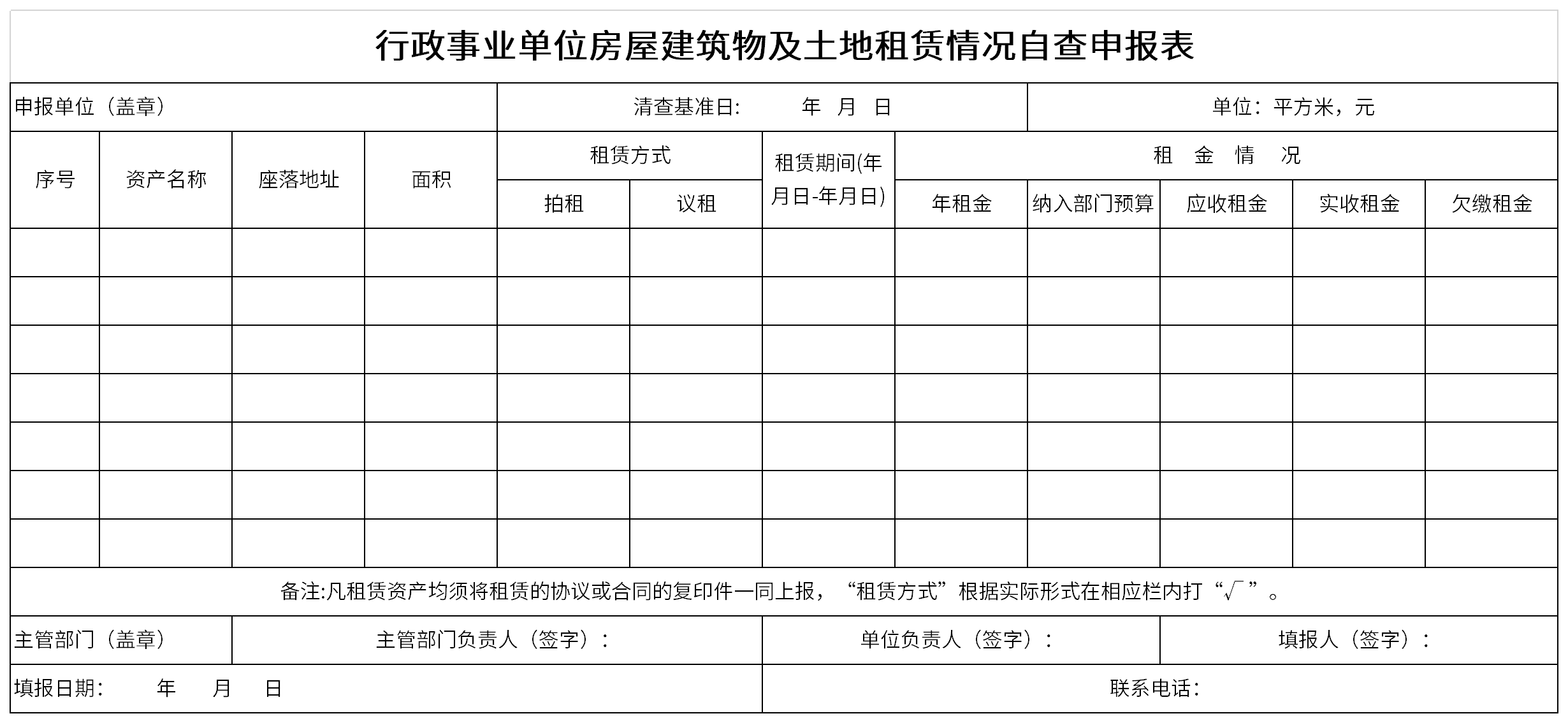 行政事业单位房屋建筑物及土地租赁情况自查申报表截图