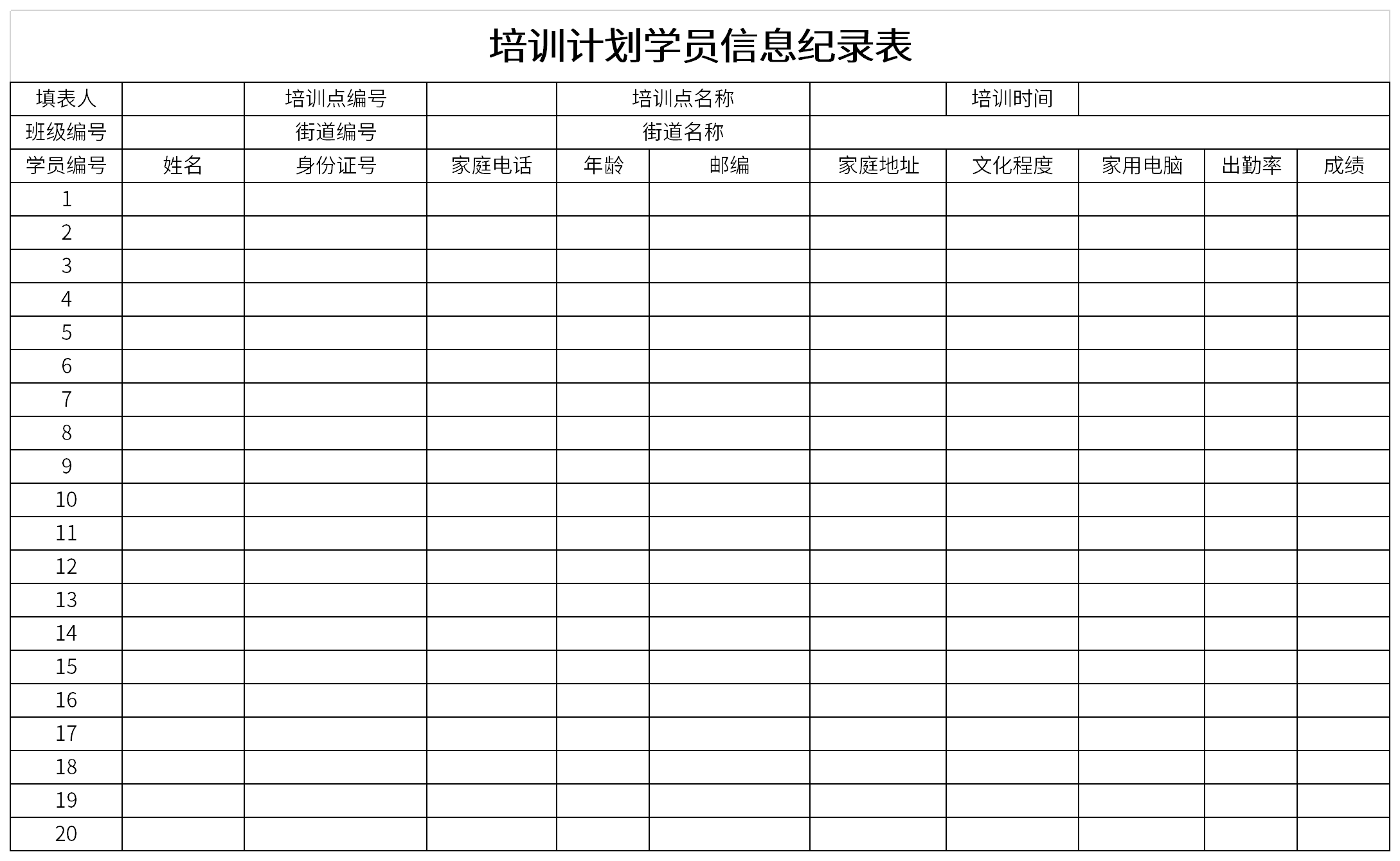 培训计划学员信息记录表截图