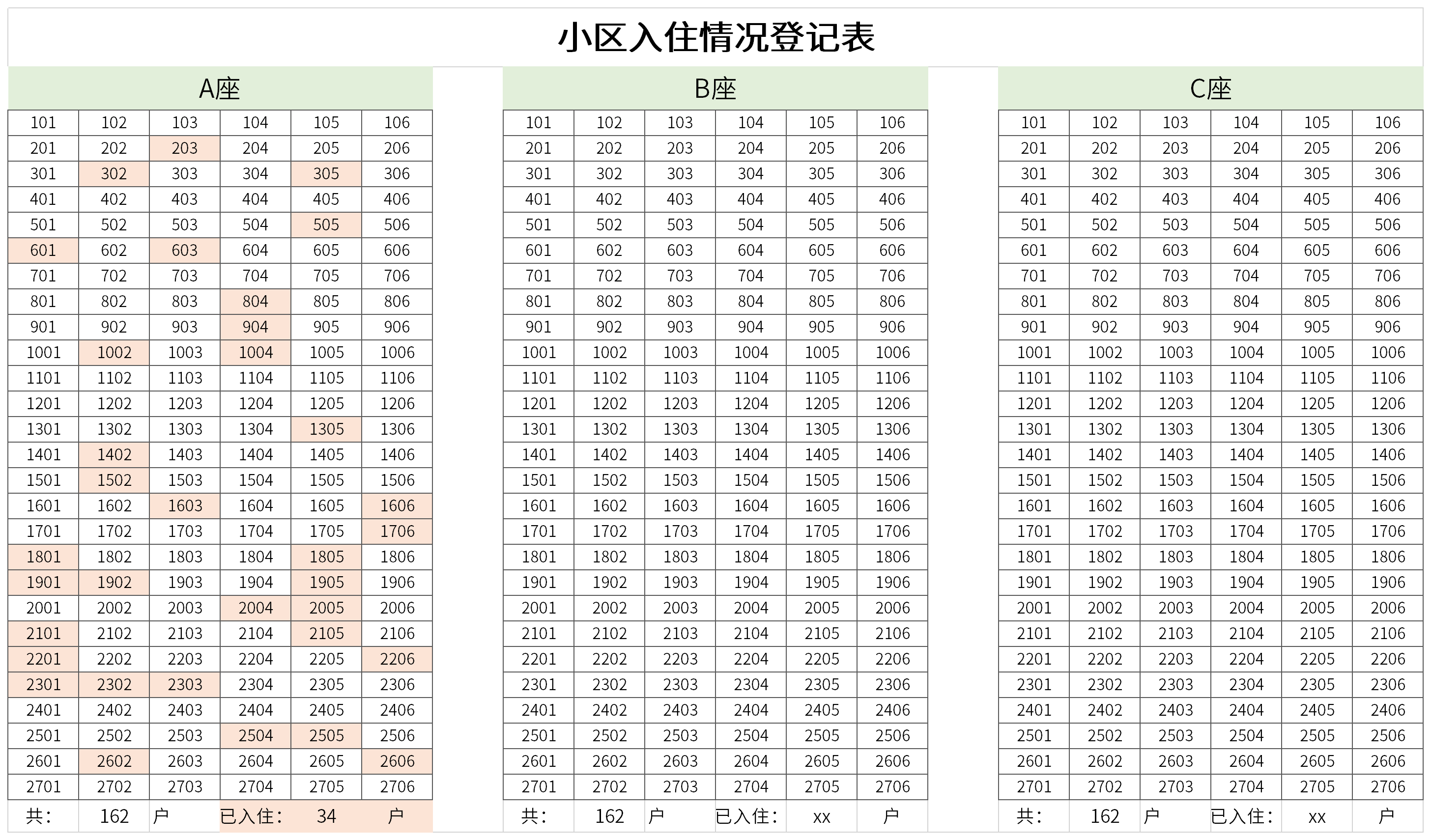 小区入住情况登记表截图