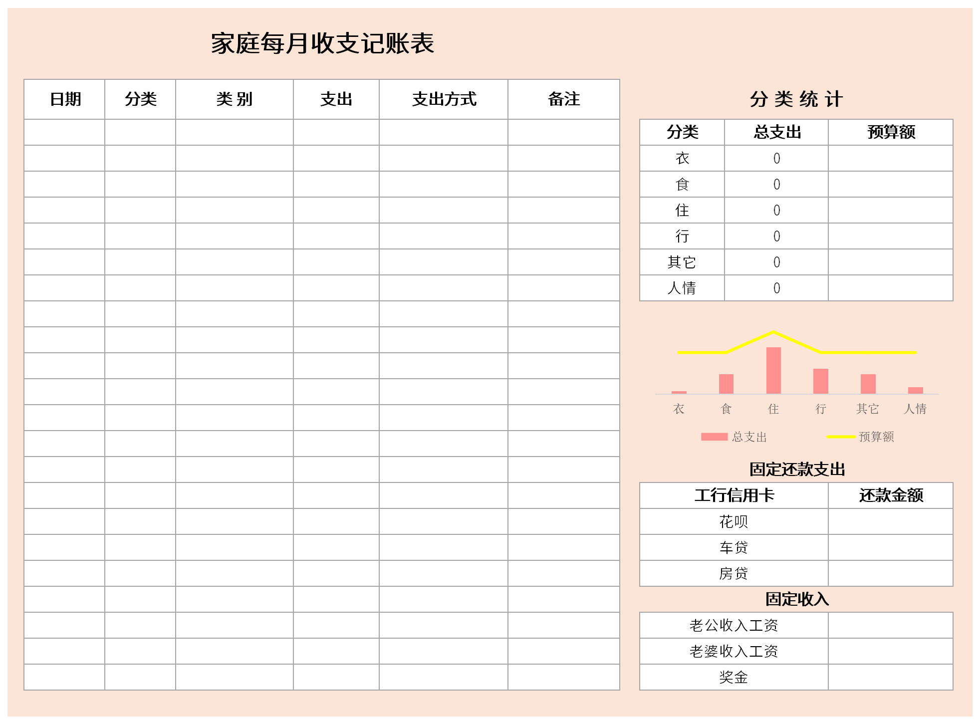 家庭每月收支记账表截图