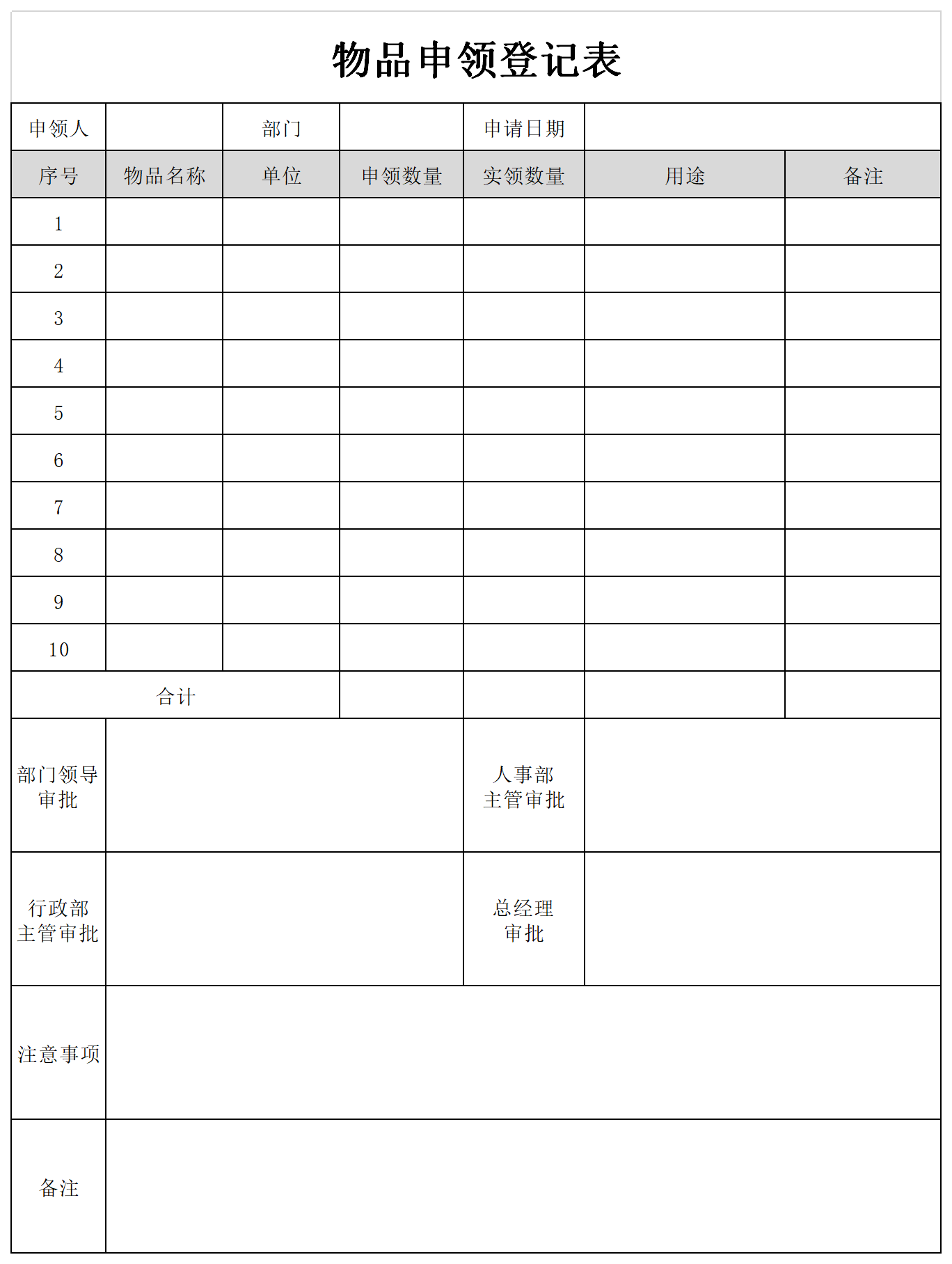 物品申领表格截图