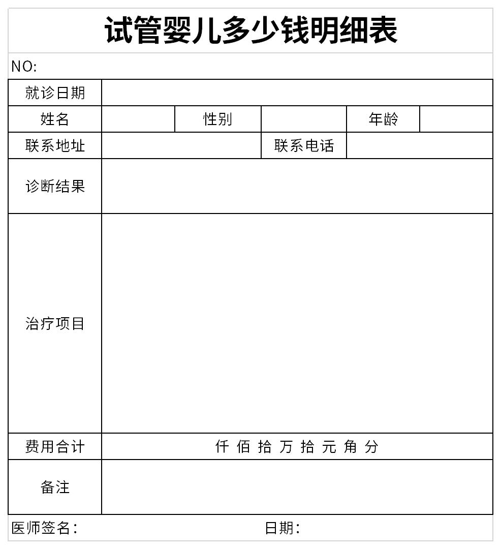 试管婴儿多少钱明细表截图