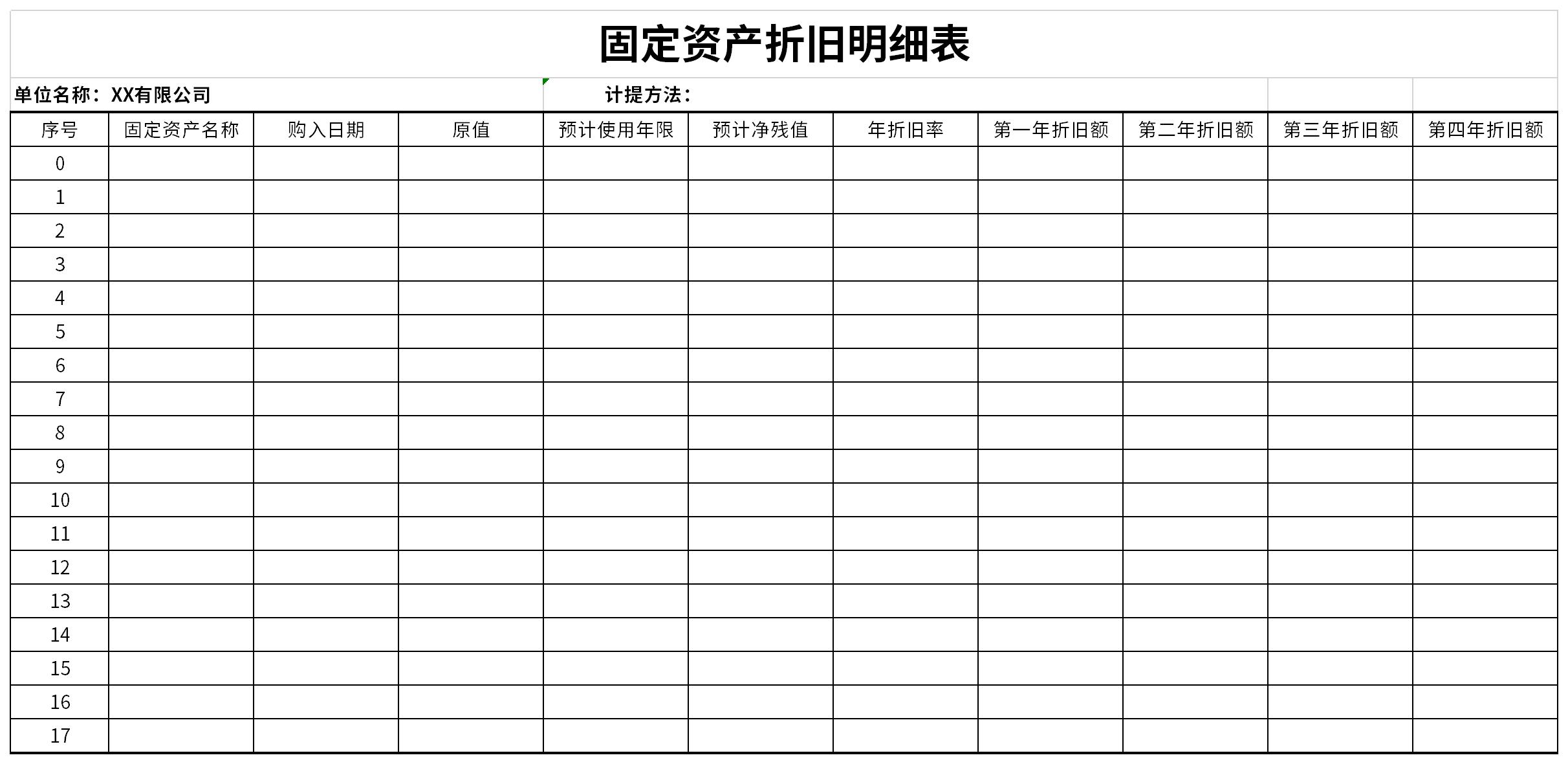 固定资产折旧明细表截图