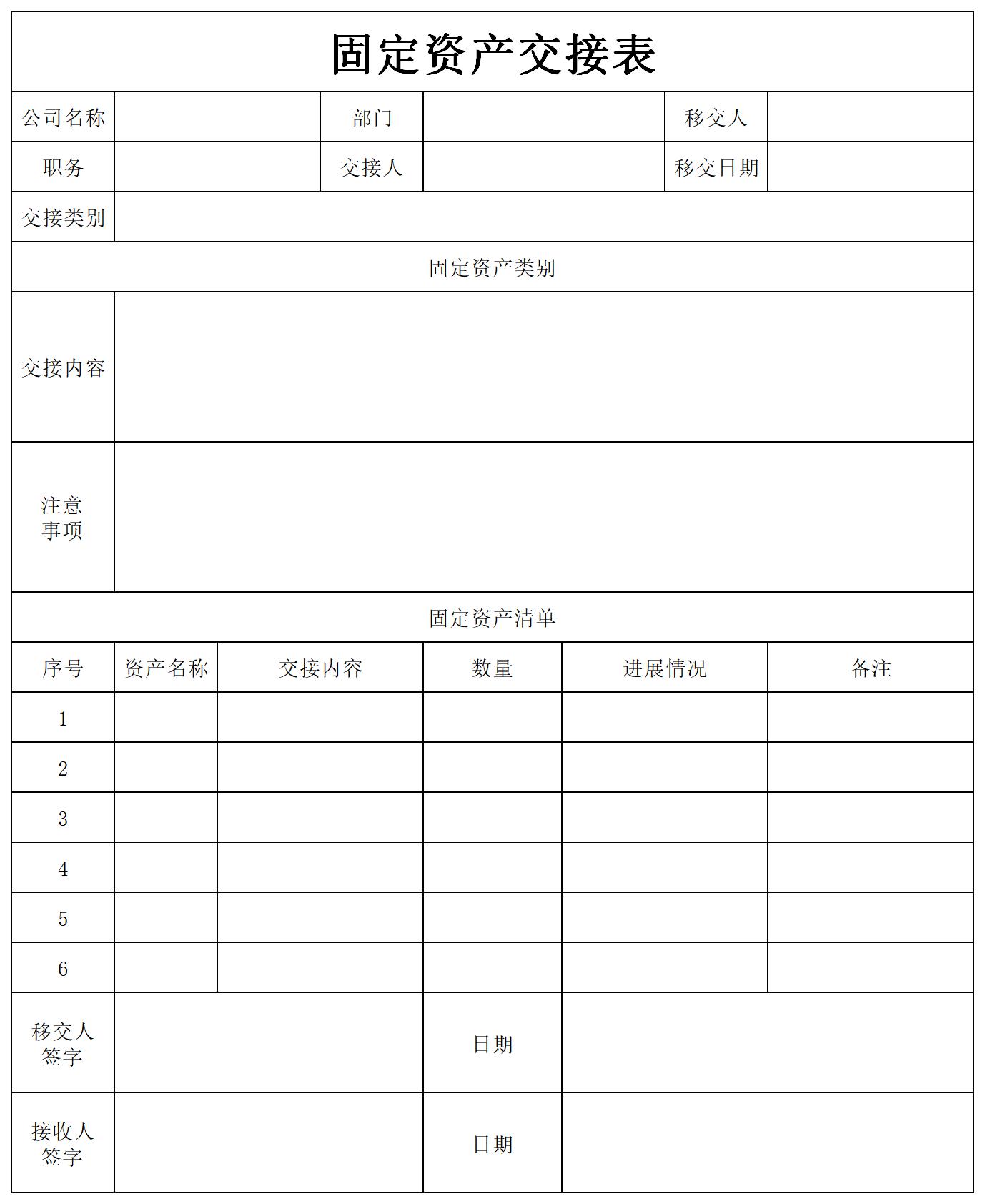 固定资产交接表截图