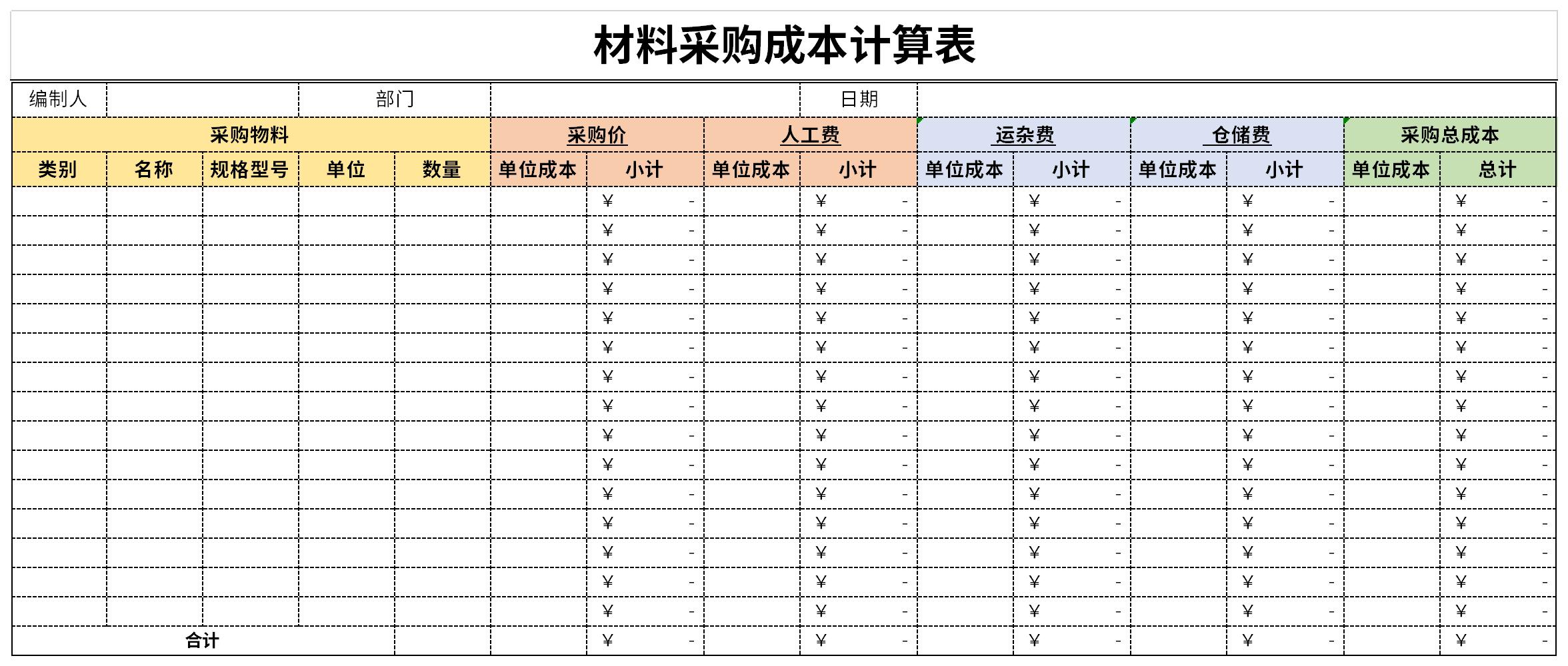 材料采购成本计算表截图