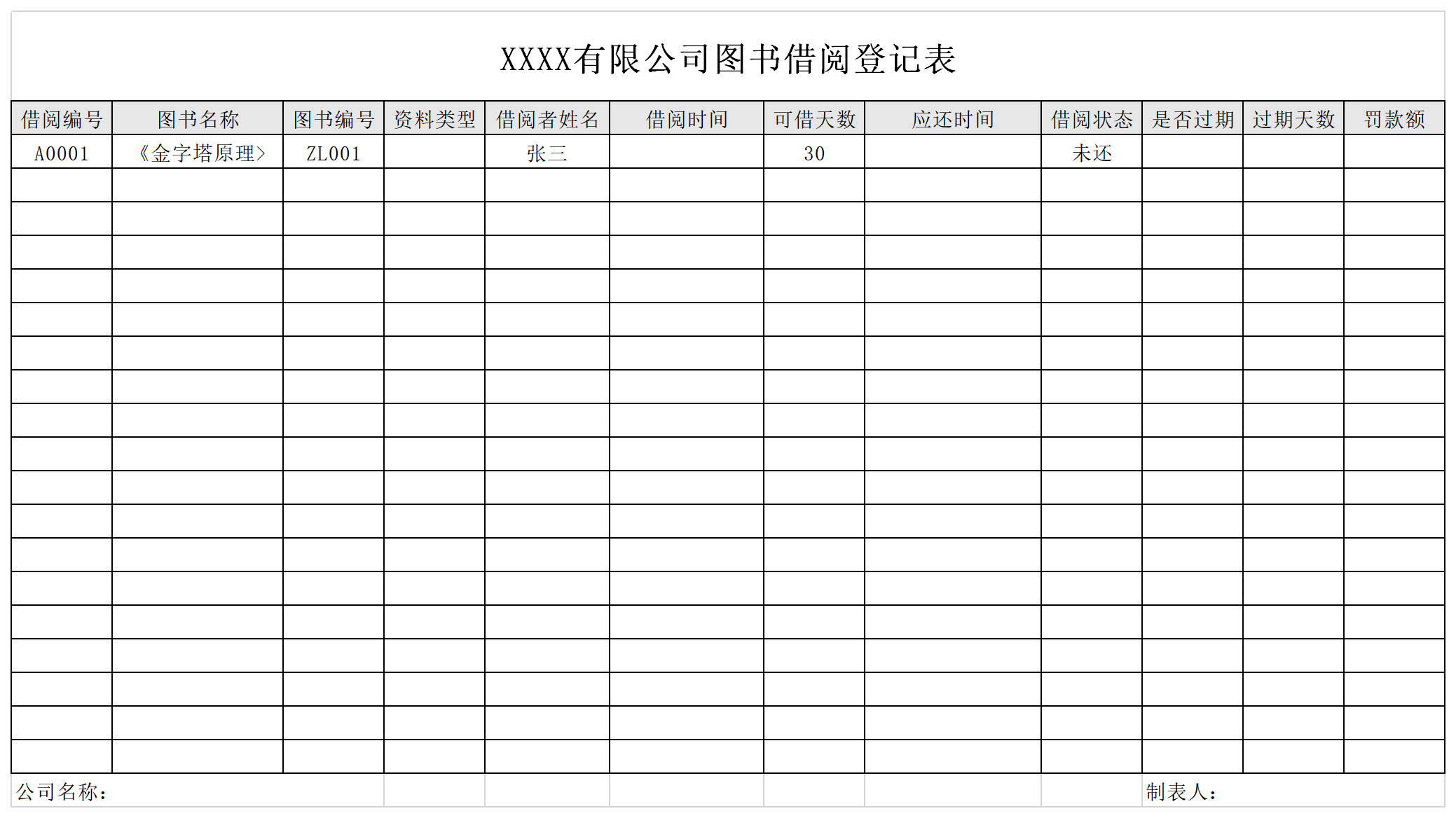 图书借阅登记表截图