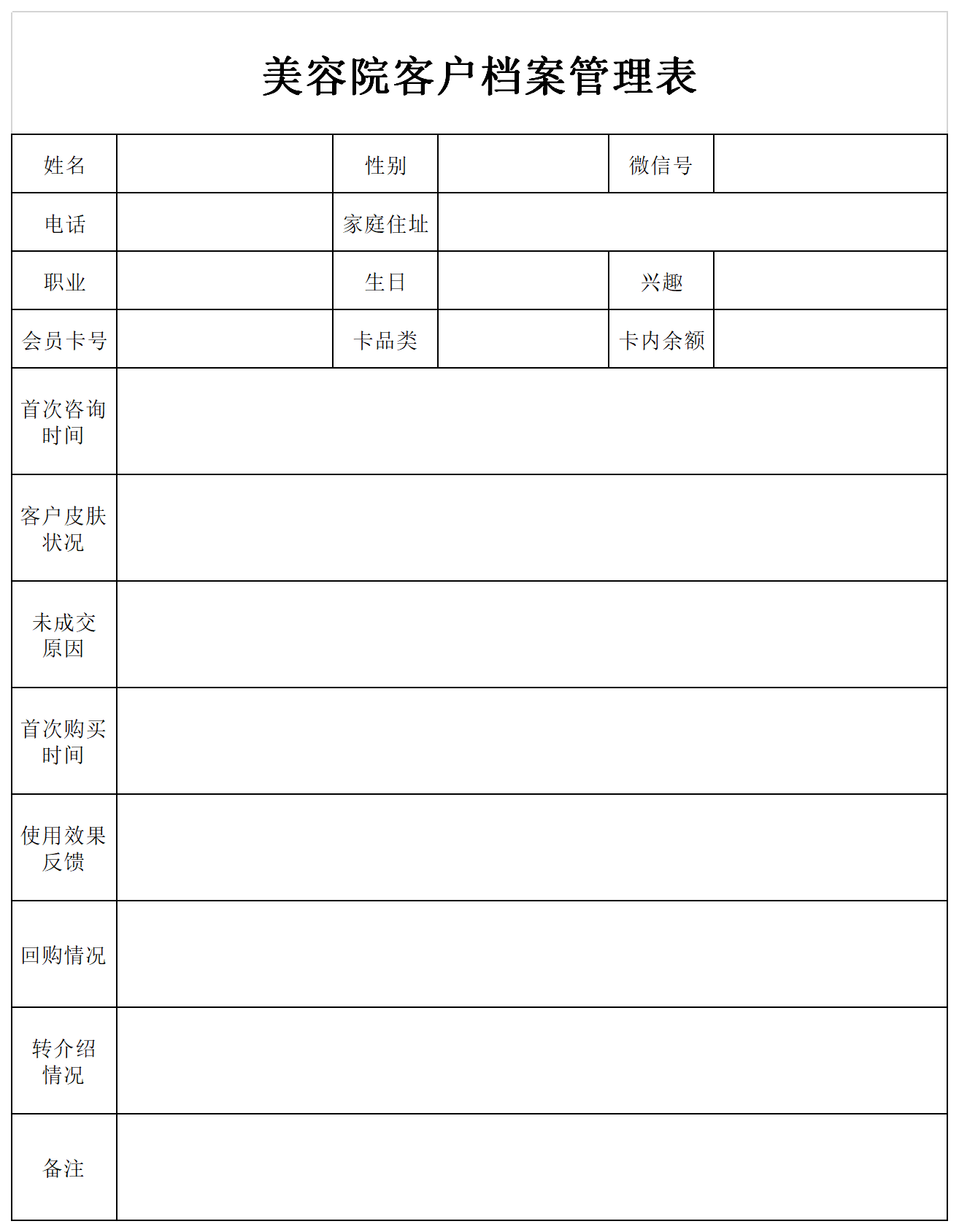 美容院客户档案管理表截图