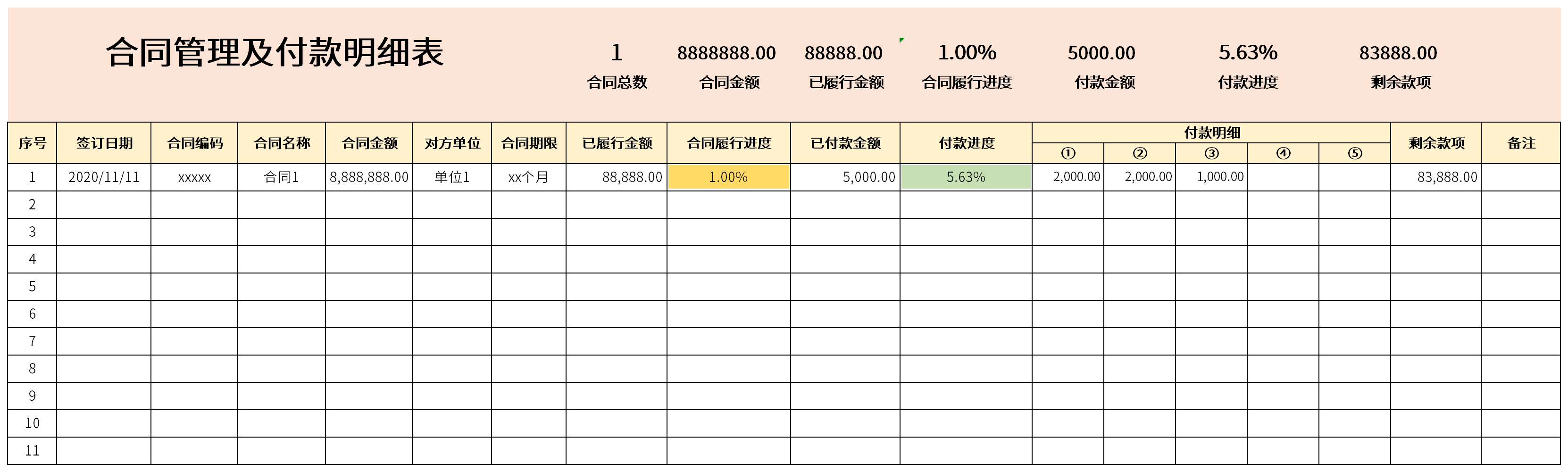 合同管理及付款明细表截图