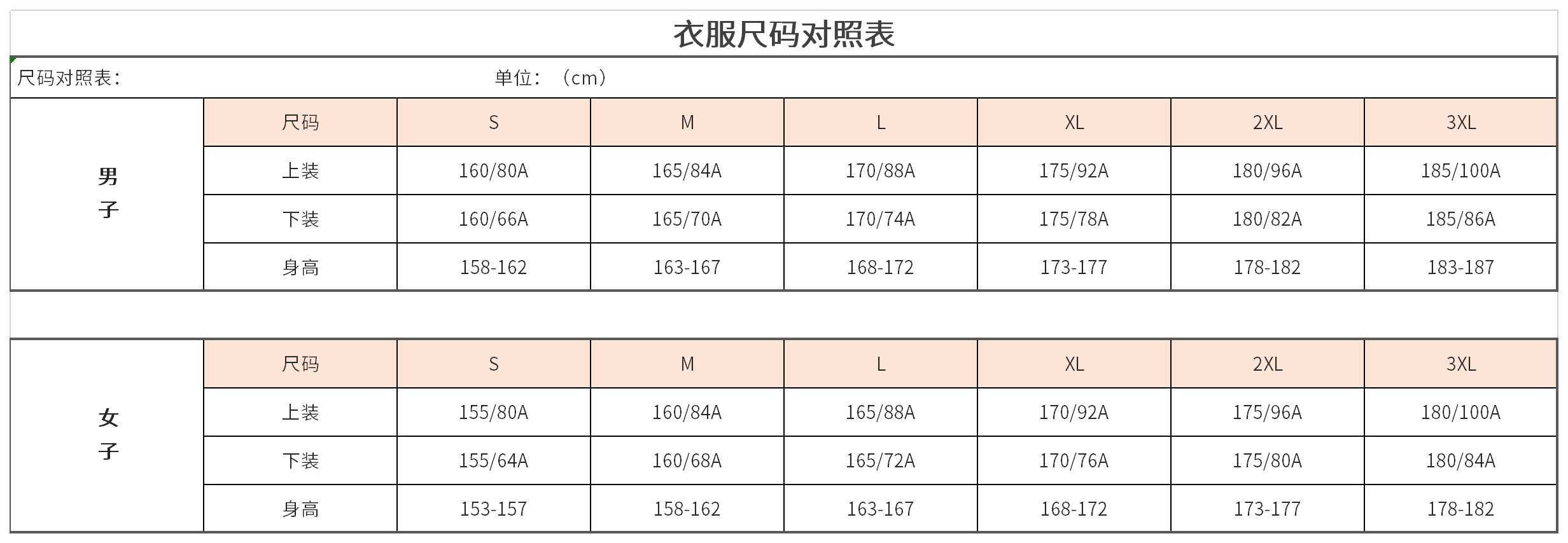 衣服尺码对照表截图