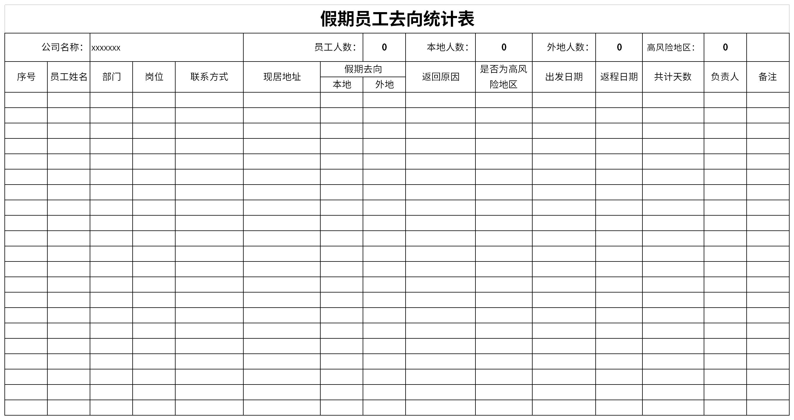 假期员工去向统计表截图