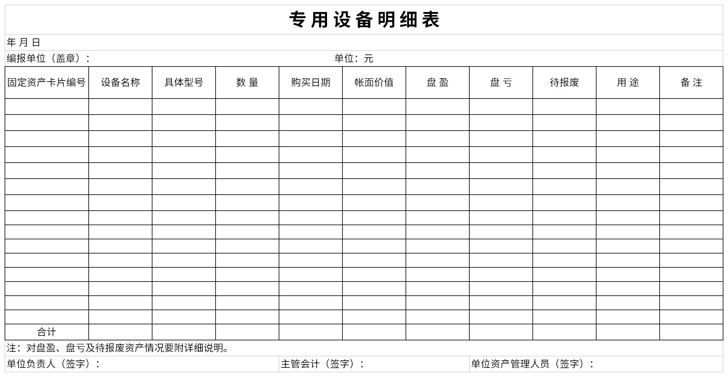 专用设备明细表截图