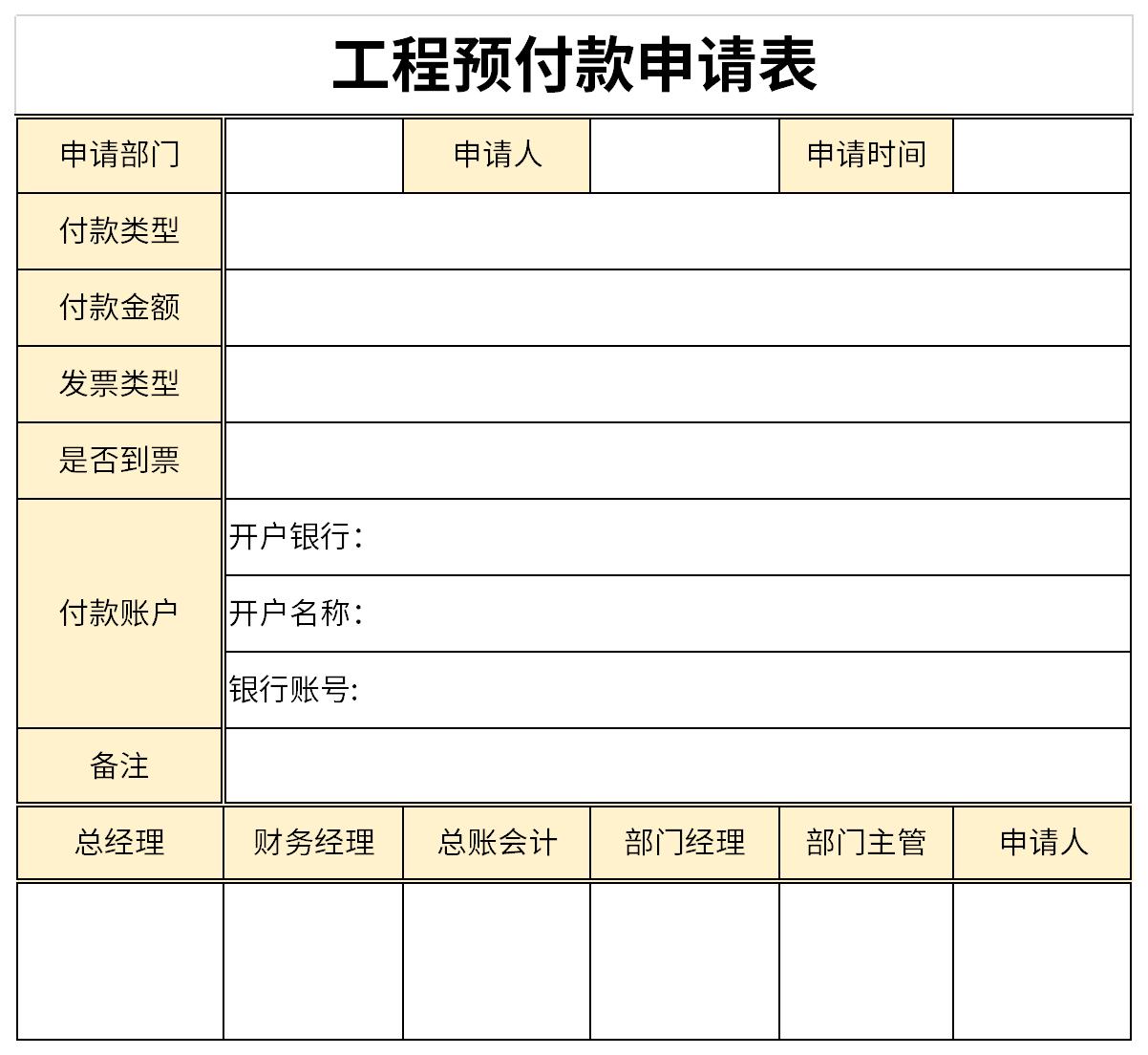 工程预付款申请表截图