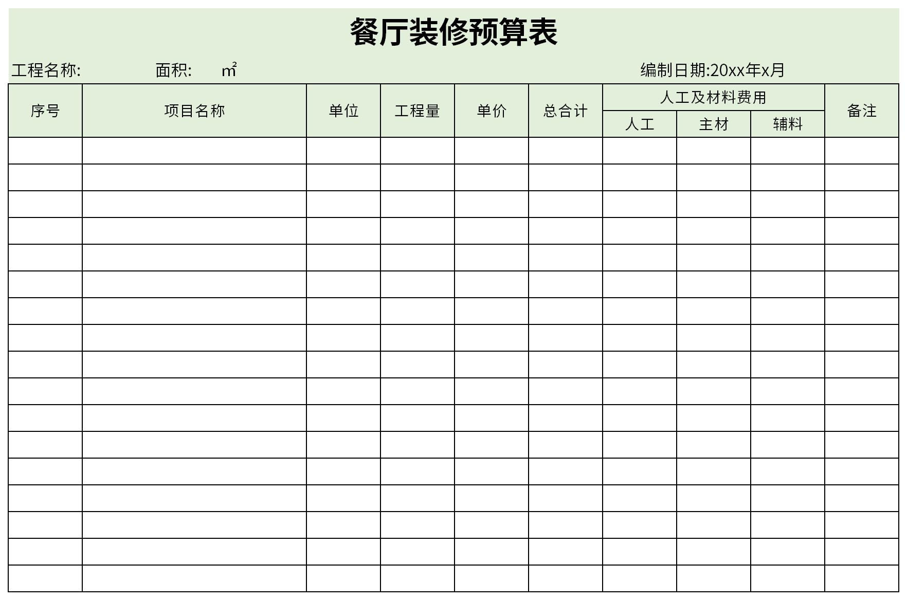 餐厅装修预算表截图